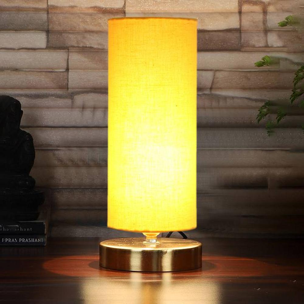 Cooper Yellow cotton table lamp with Gold wood base