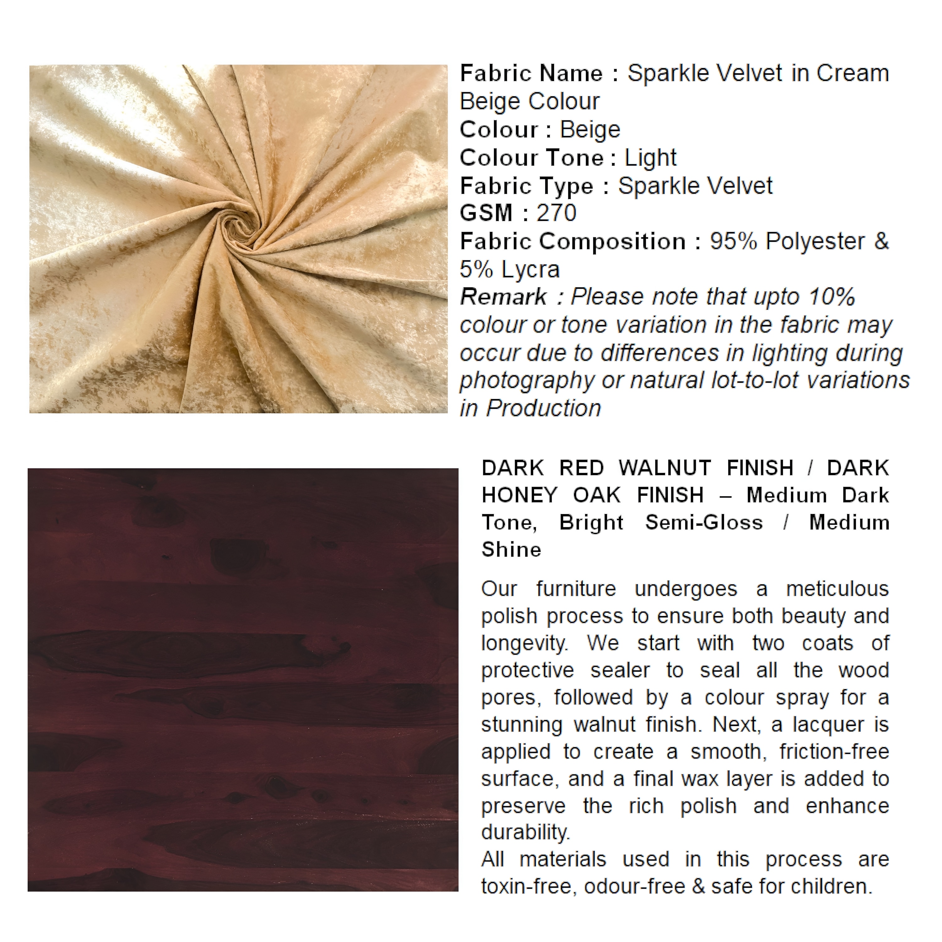 Irish Sheesham Wood Coffee Table With 2 Stools Set In Dark Walnut Finish & Ivory Sparkle Velvet Fabric Cushions