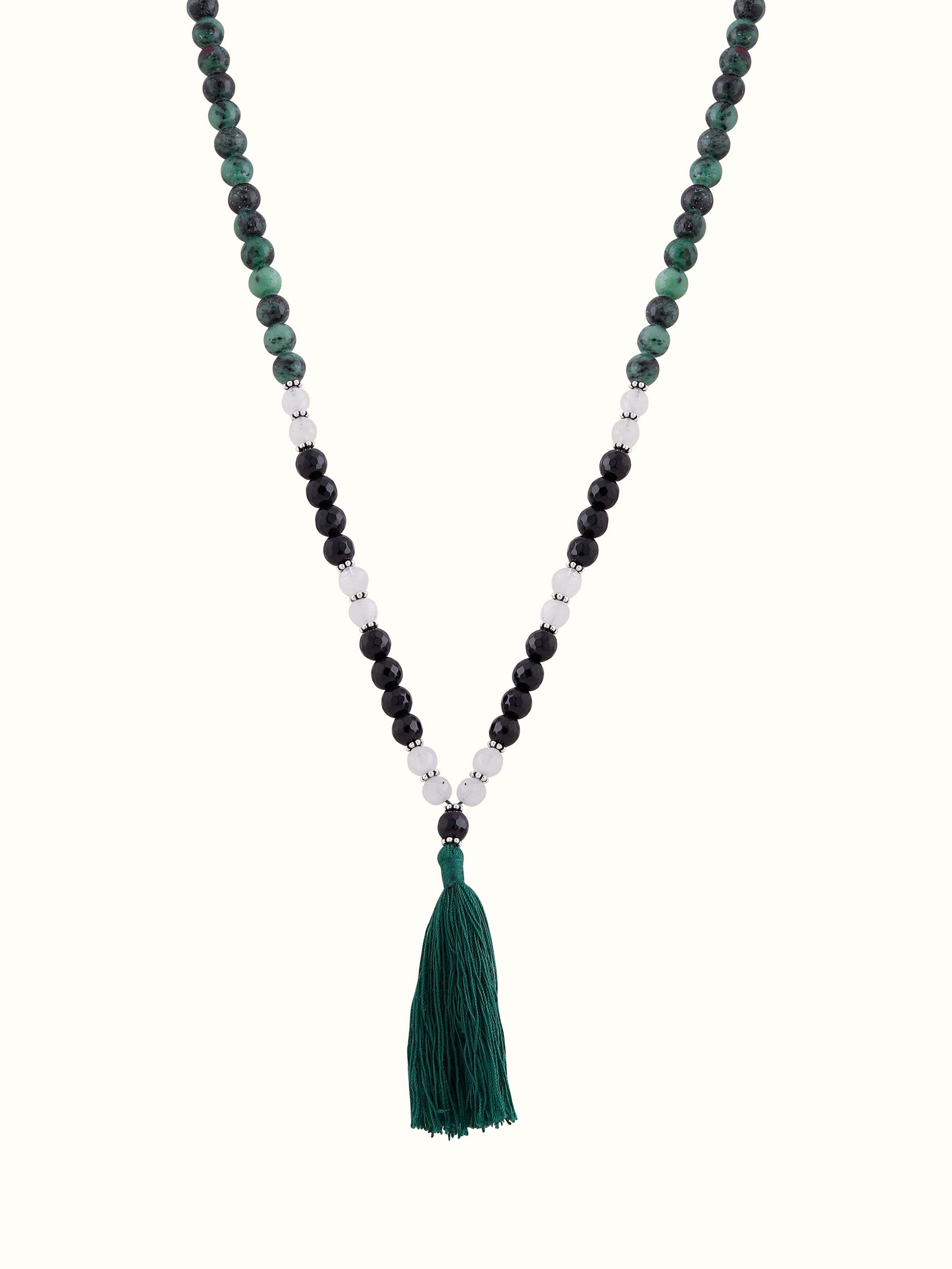 Front view of Green Rubicozite, Black Onyx & White Moonstone Mala featuring elegant gemstone trio on silver string