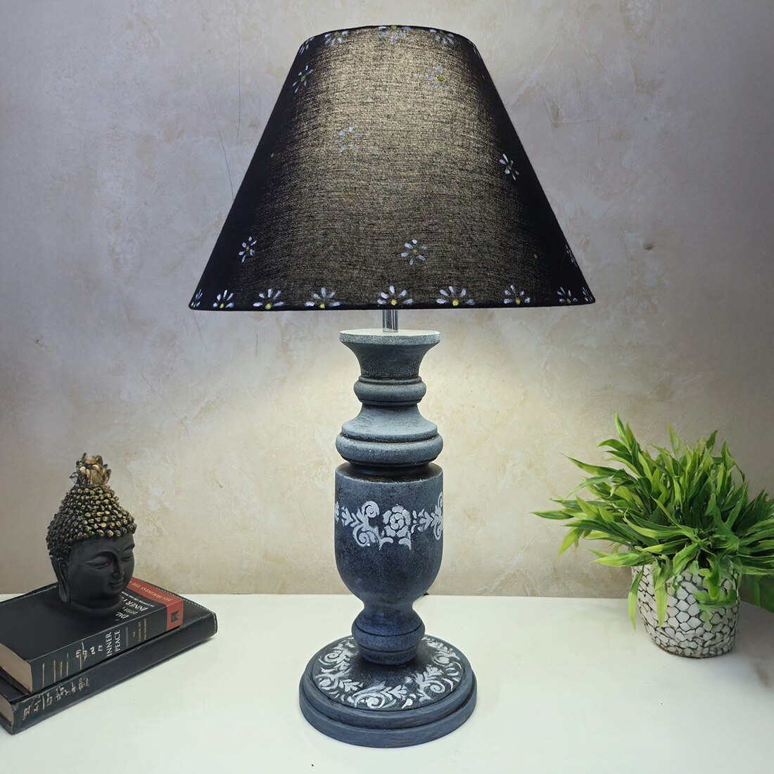 Grey Stone Finish Handpainted And Hancarved Distress Wooden Table Lamp