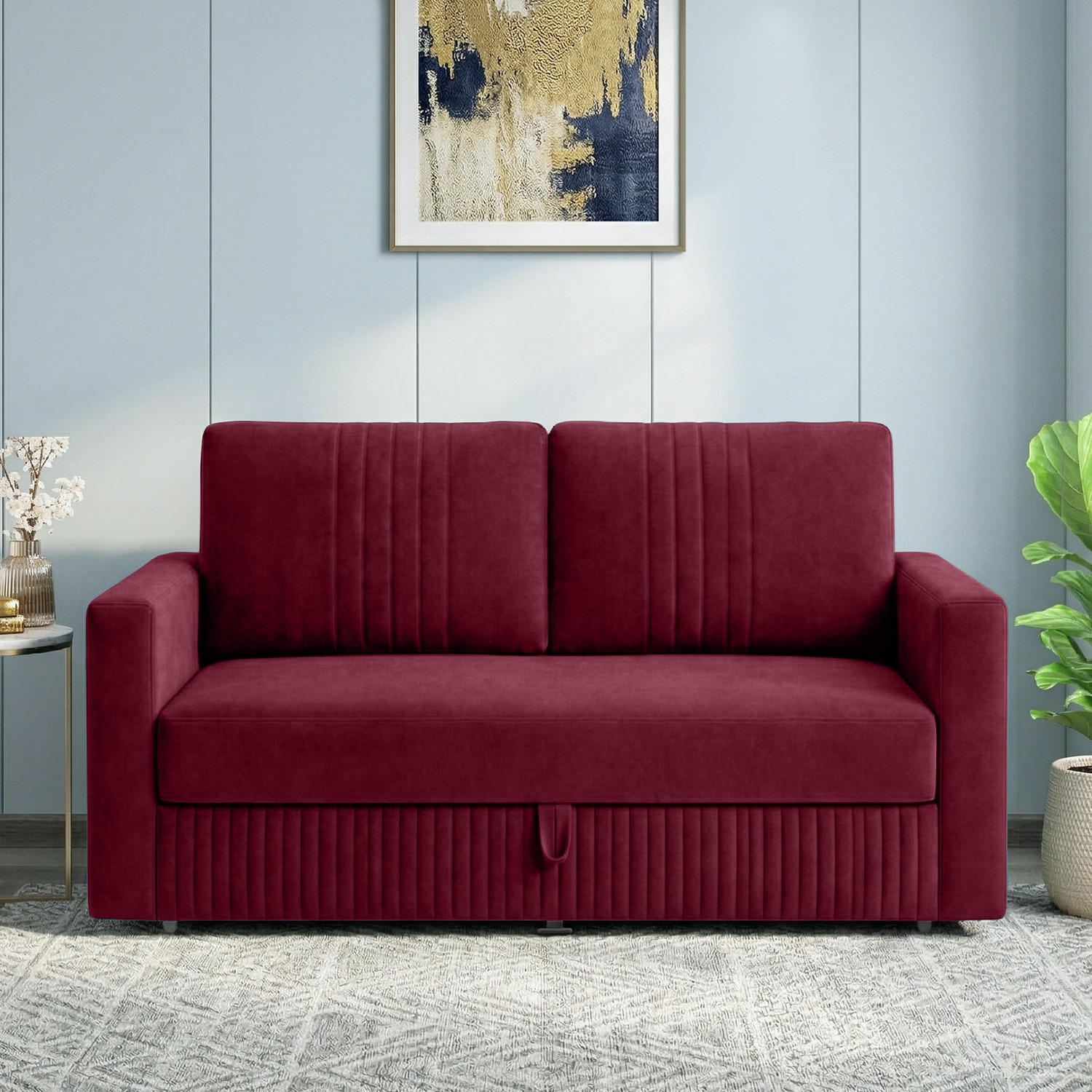 Alfon 2 Seater Velvet Pull Out Sofa Cum Bed with Storage In Maroon - Home Lifestylez