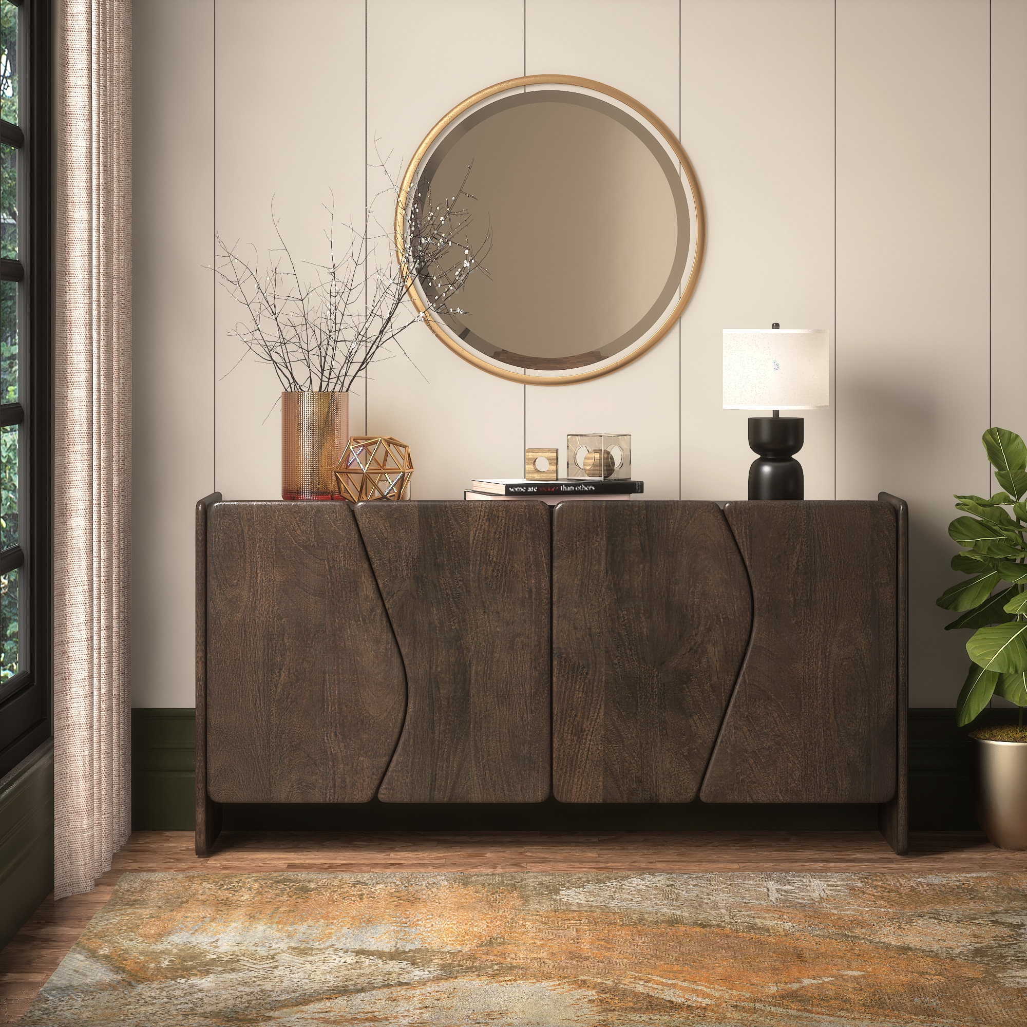 Koro Solid Wood Sideboard In Dark Chestnut Finish
