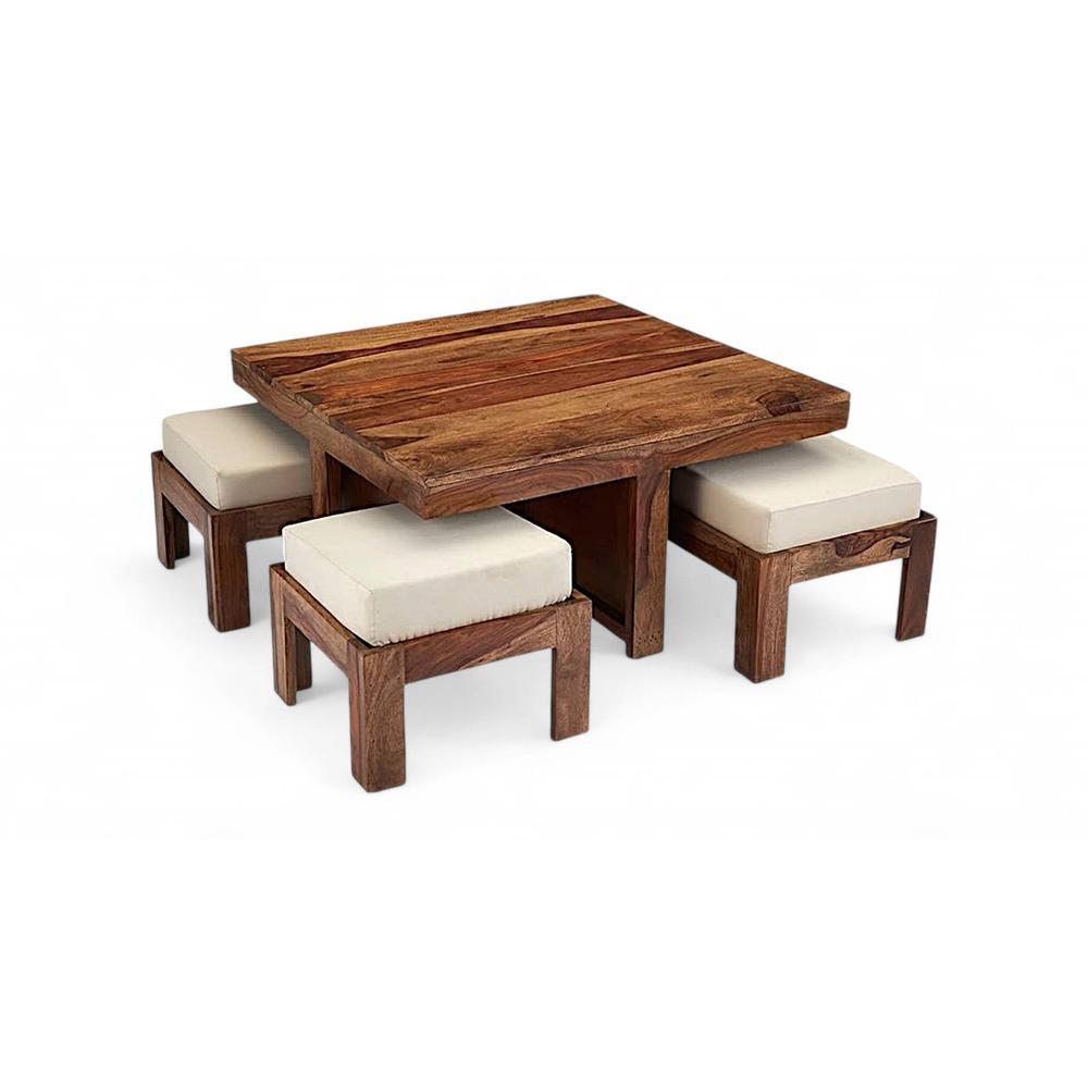 Blane Sheesham Wood Accent Coffee Table Set With 4 Stools In Natural Teak Finish