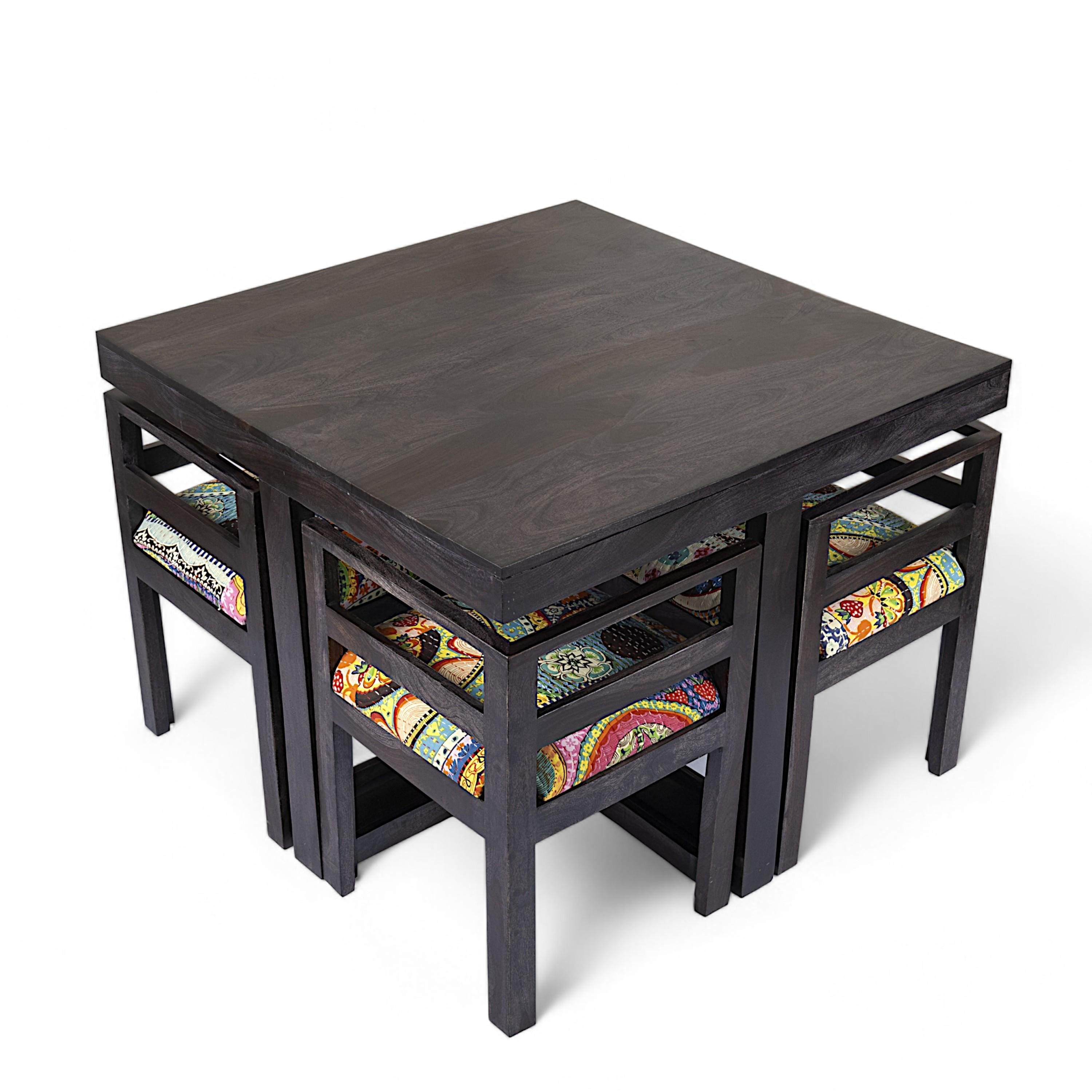 Kingston Sheesham Wood 4 Seater Dining Table Set in Mahogany Finish & Multi Colour Israel Print Kantha fabric Upholstery