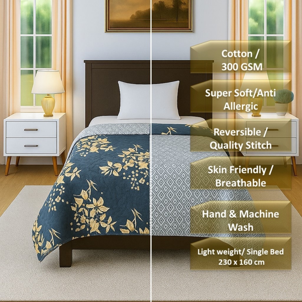 Grey Floral 300 Cms Cotton Single Bed Size Comforter From Threads