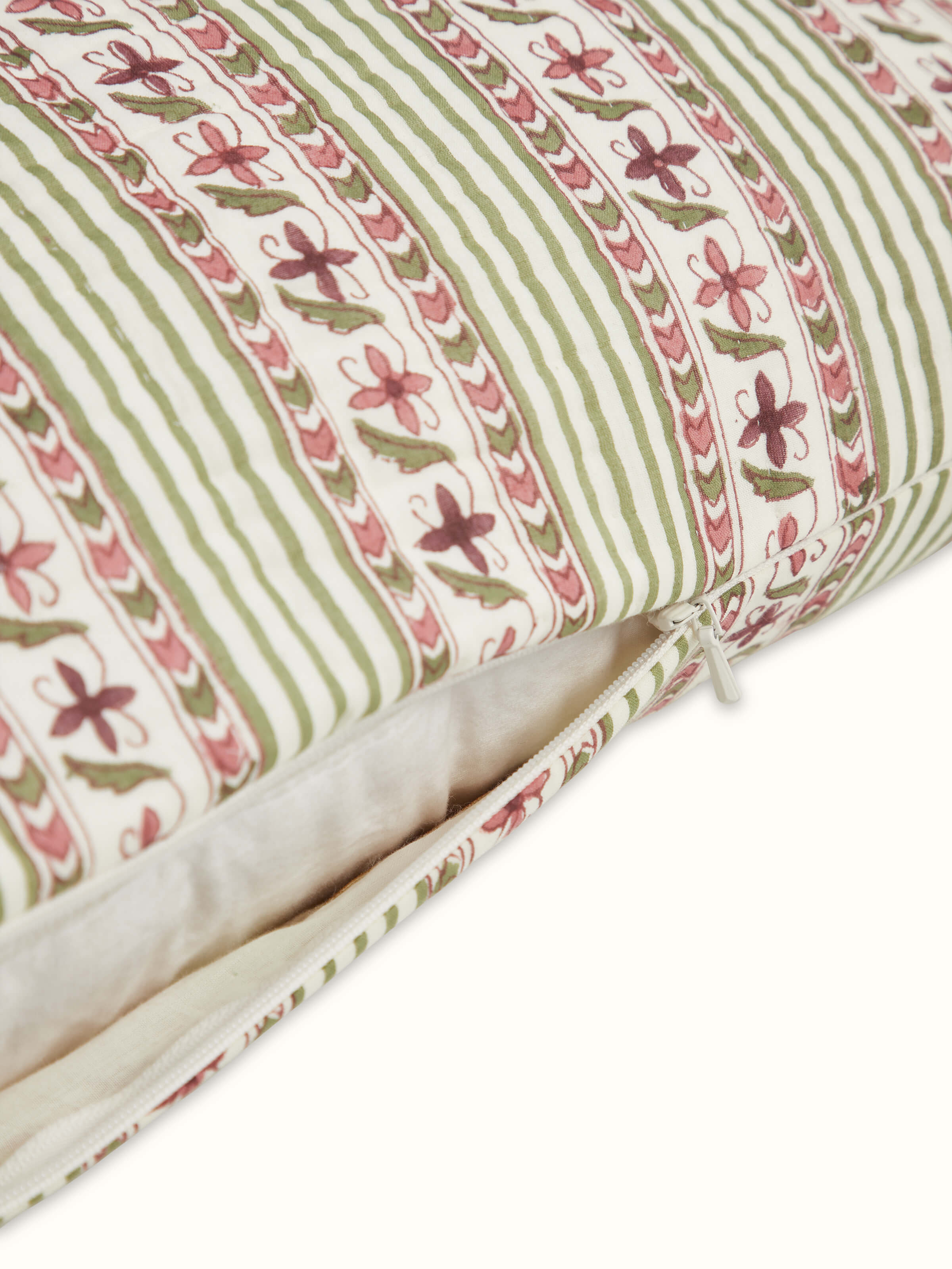 Aarunya Red Floral Stripe Cotton Sanganeri Block Printed Cushion Cover