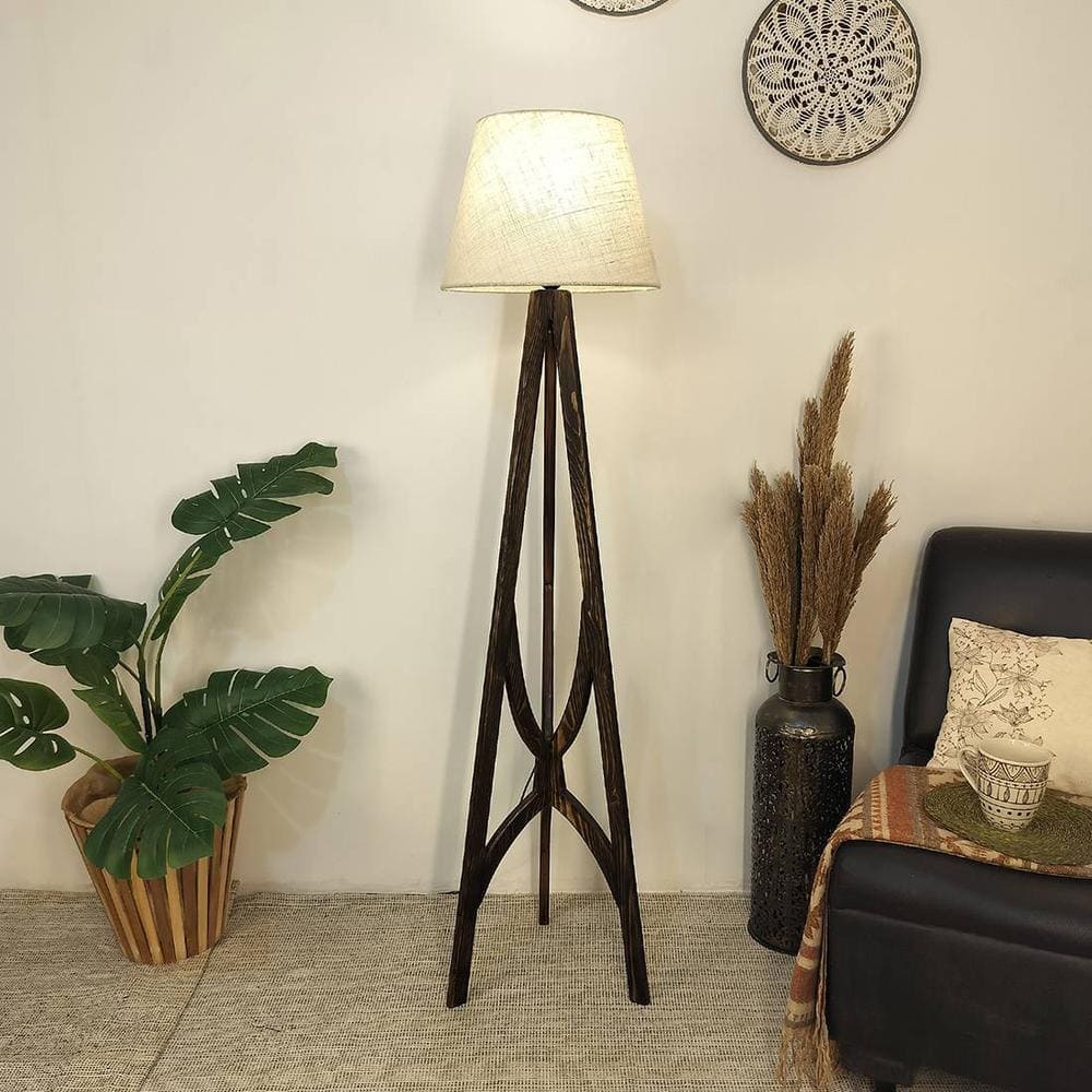 Julius Wooden Floor Lamp with Brown Base and Jute Fabric Lampshade