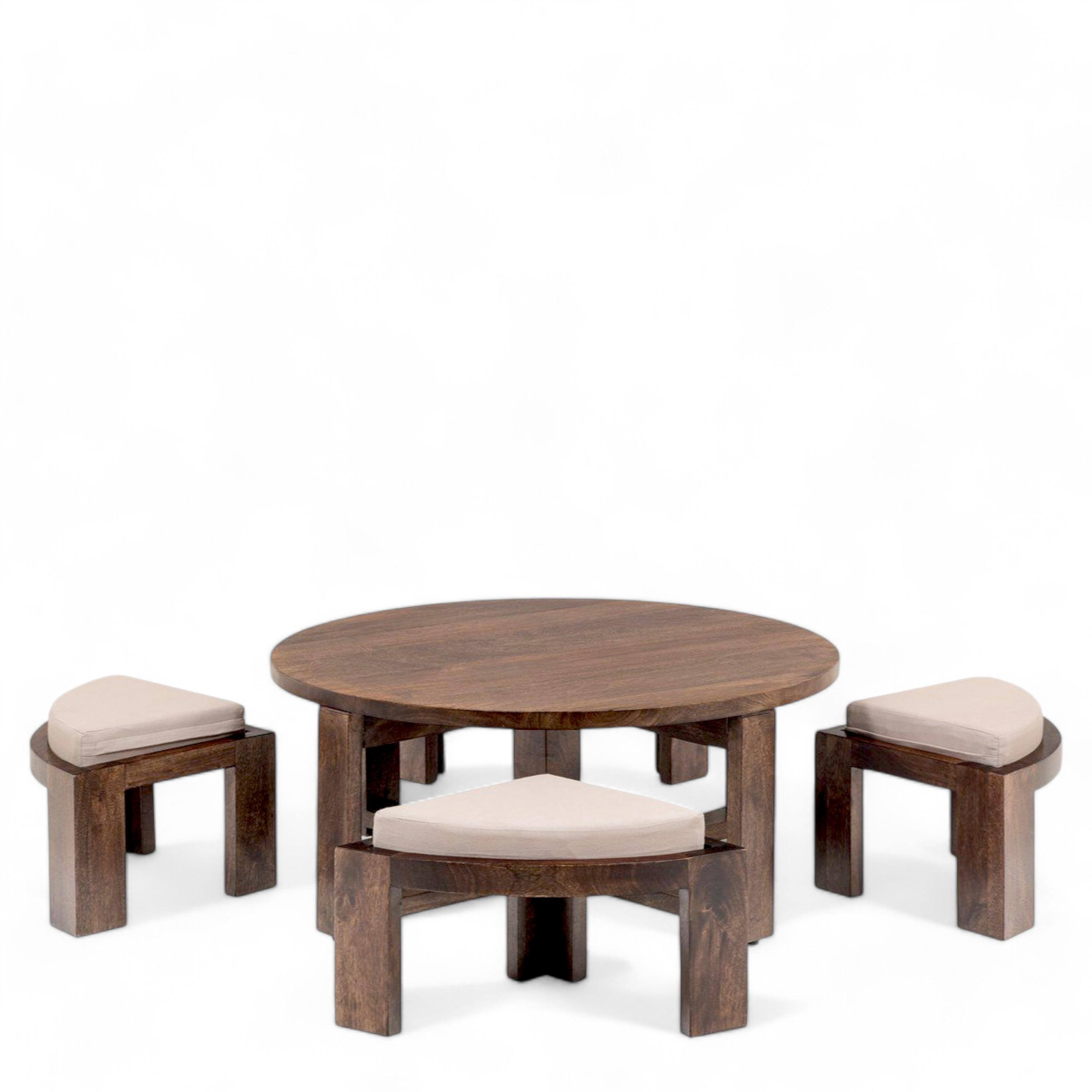 Nashville Sheesham Wood Accent Coffee Table Set With 4 Stools In Provincial Teak Finish With Beige Velvet Cushions