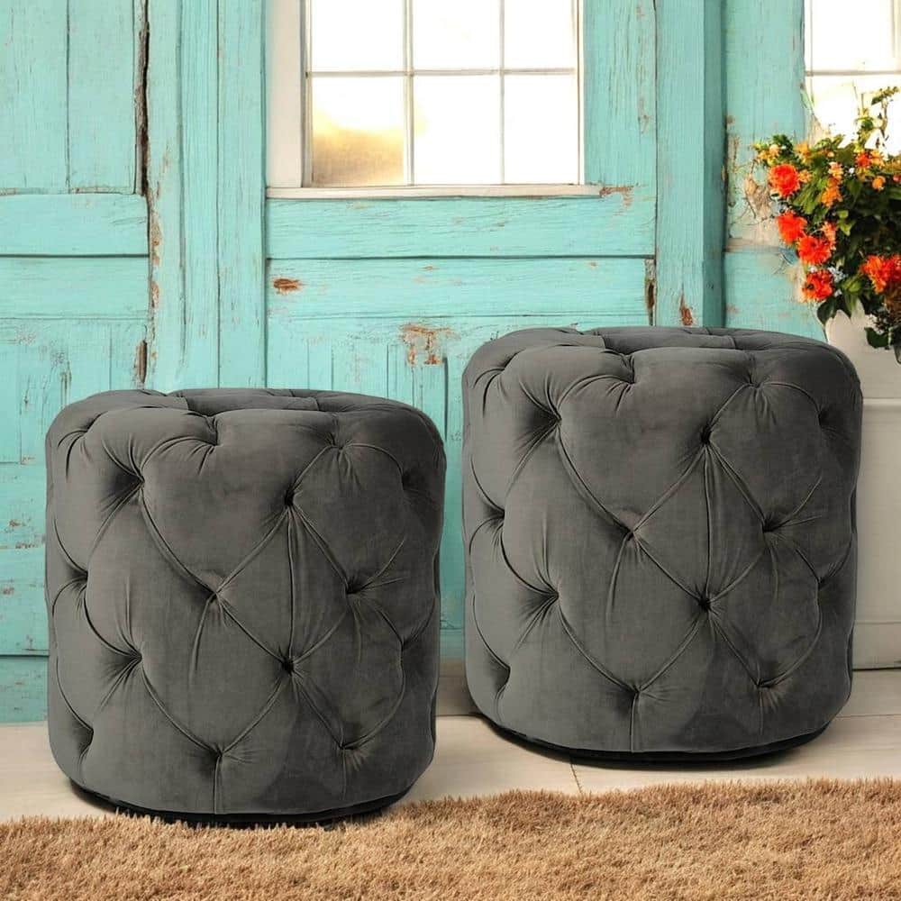 Dallas Solid Wood Accent Round Set of 2 Ottomans in Iron Grey Velvet Upholstery