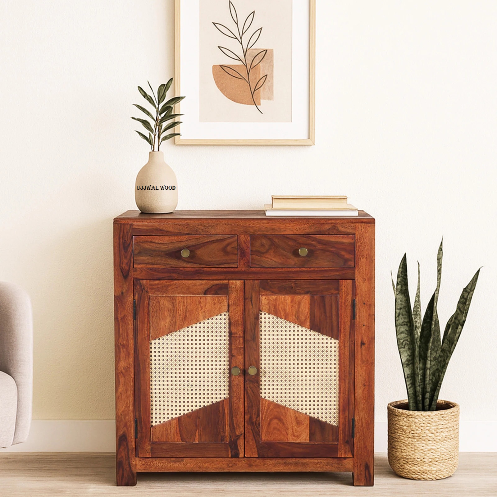 Sheesham Wood 2 Door 2 Drawer Sideboard In Honey Oak Finish