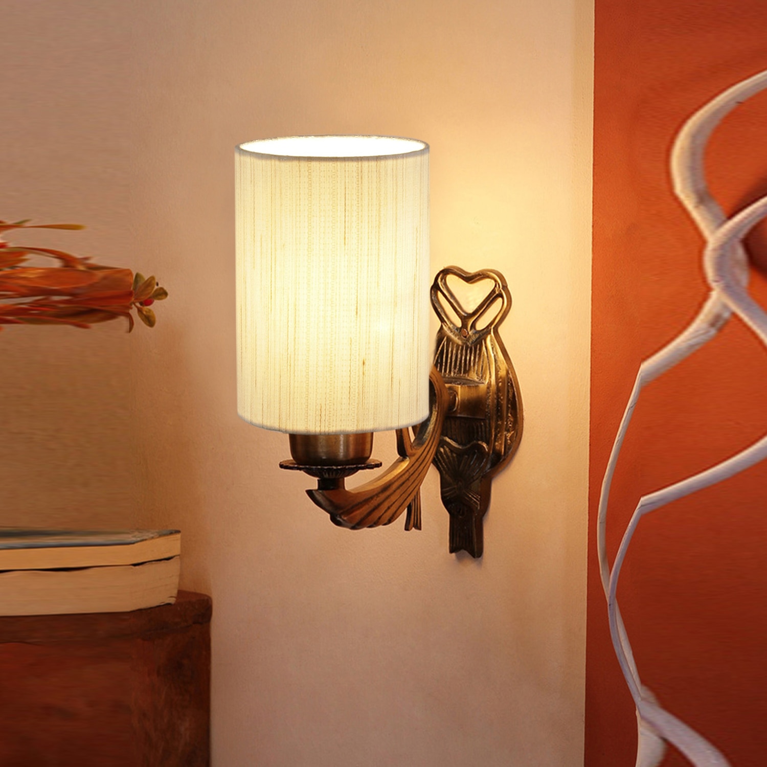 Devansh Metal Electric Wall Light in Antique Gold Colour with off-white Shade Count of 1 Light - Devansh