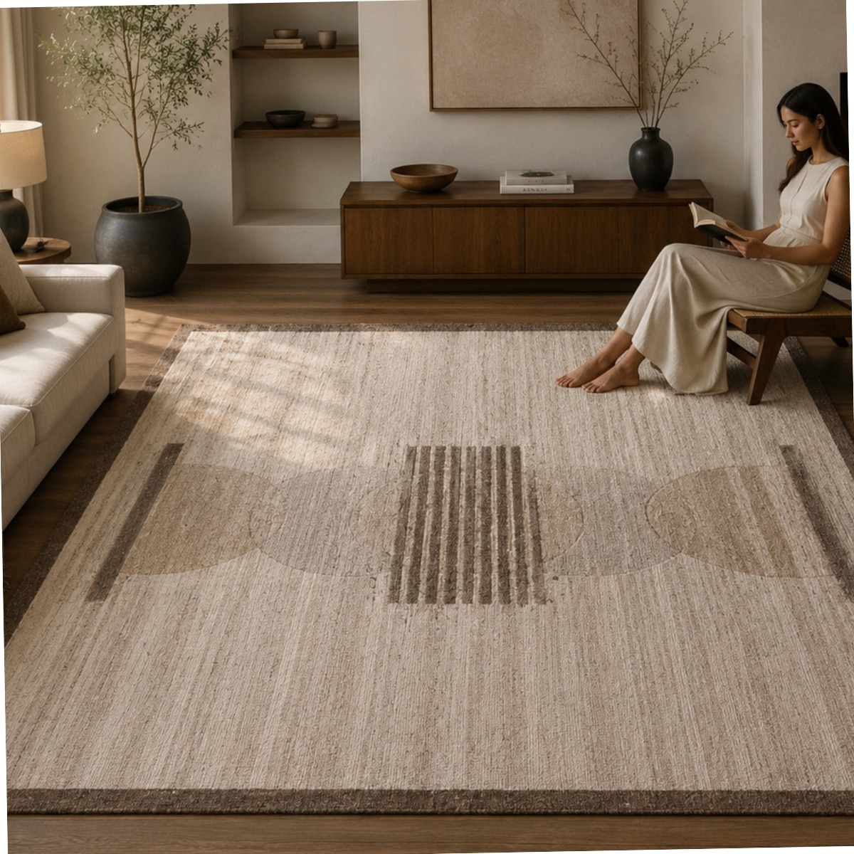 Handmade Wool Area Rug Modern Minimalist Beige 9 x 12 Feet Carpet - NEU LOOMS