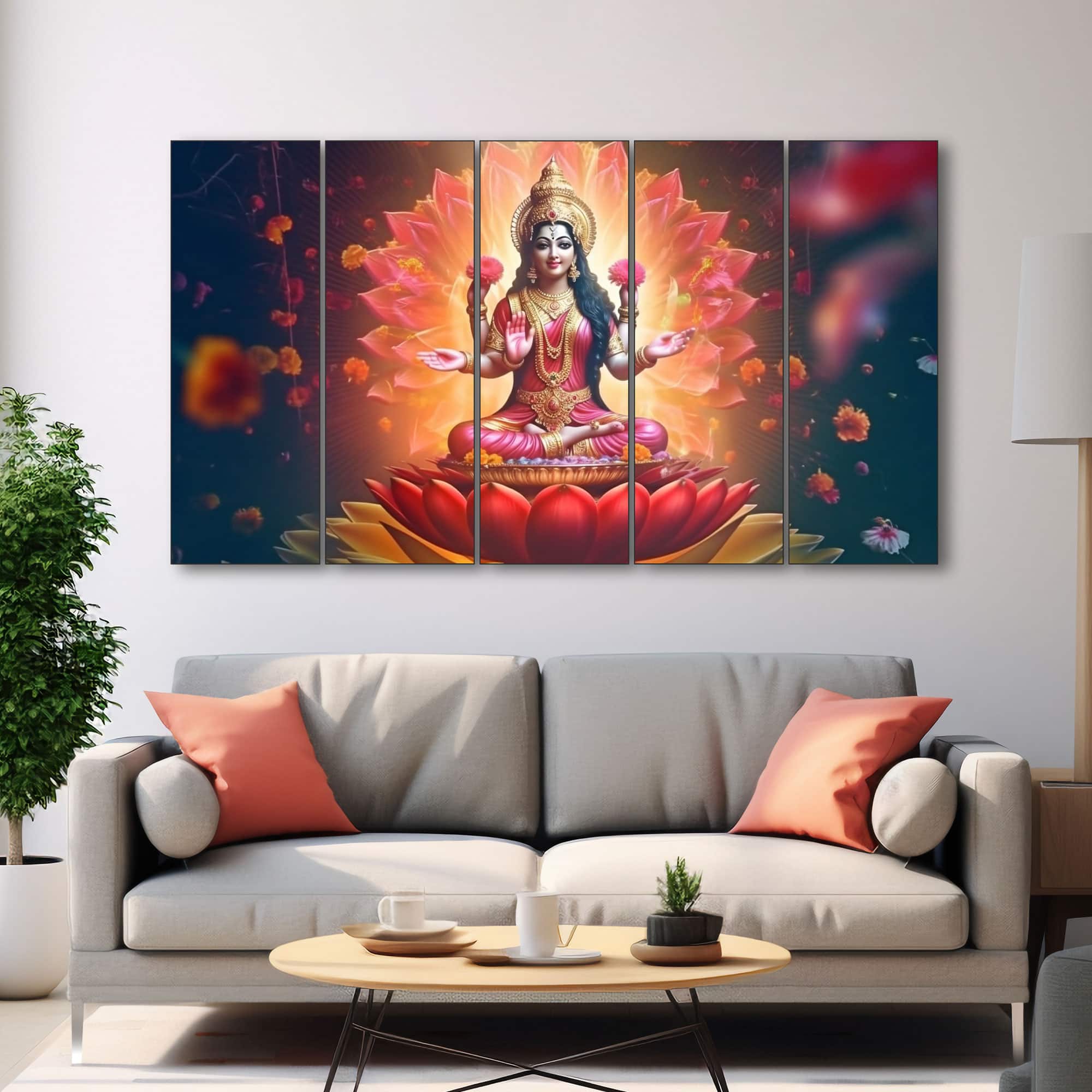 The Castle Decor Goddess Laxmi Wall Painting Wooden Framed 27x48 Inch (Style 5) - The Castle Decor