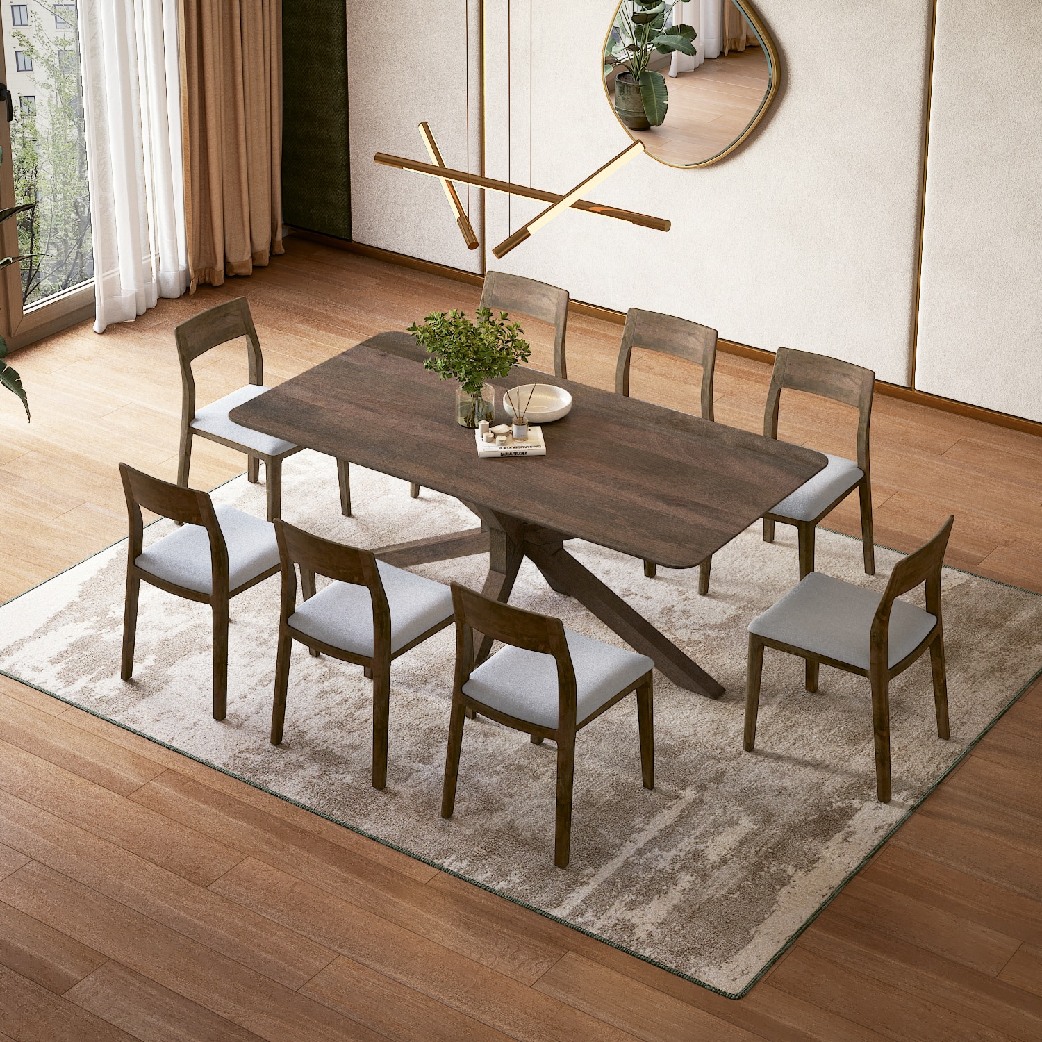 Anderson Solid Wood 8-Seater Dining Table With 8 Clarke Dining Chairs (Finish : Danish Walnut, Chair Colour : Vapour Grey)