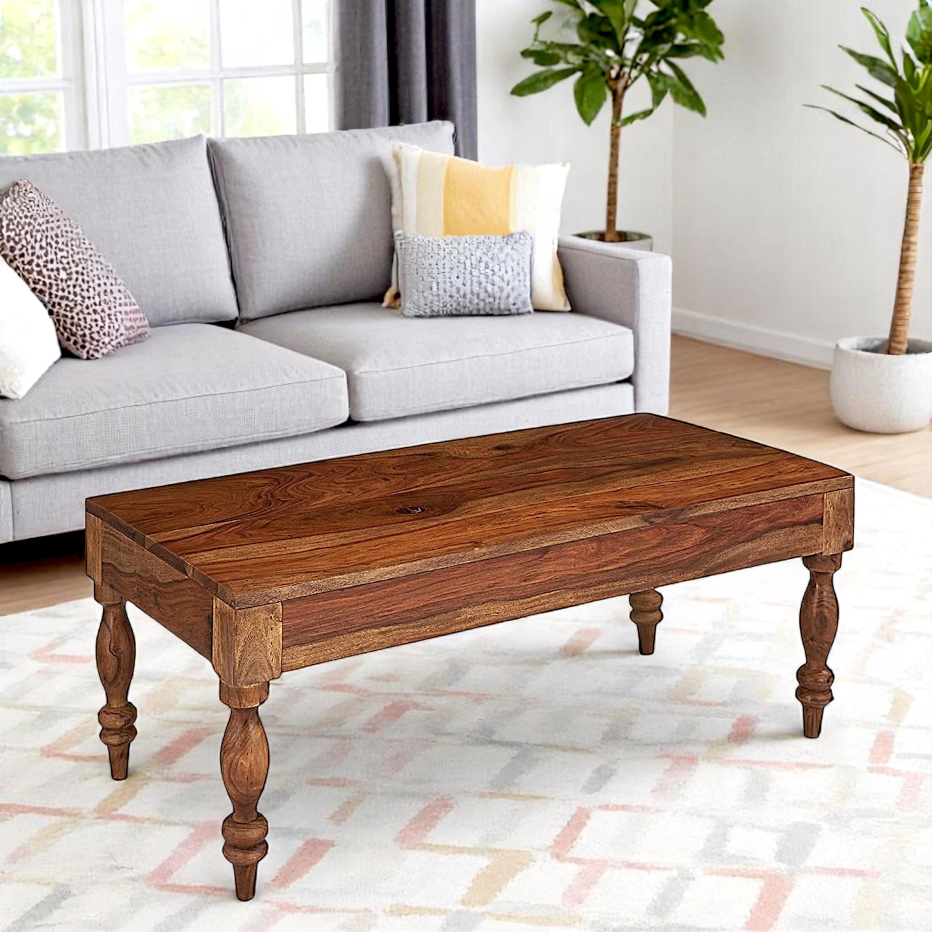 Hudson Sheesham Wood Traditional Rectangle Coffee Table In Natural Teak Finish