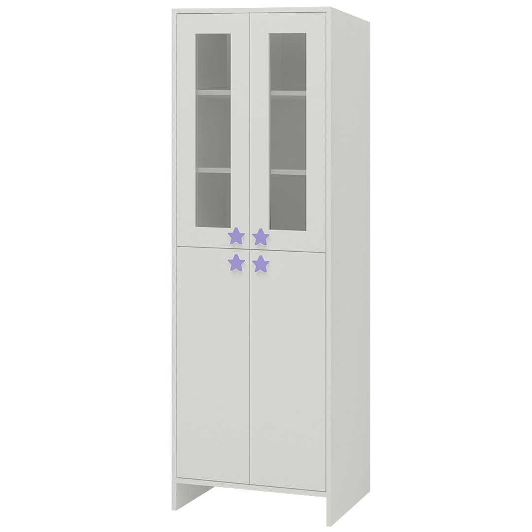 Renata Large Bookshelf cum Storage Cabinet with Toughened Glass Doors and Star Shaped Knobs in Ivory Persian Lilac Colour