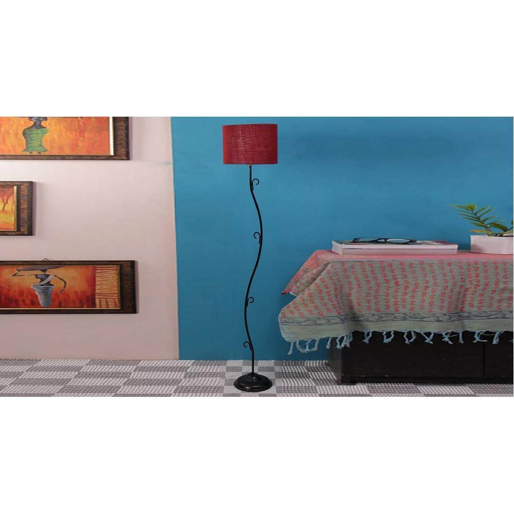 Beryle Maroon Natural Fiber Floor Lamp with Black Iron Base
