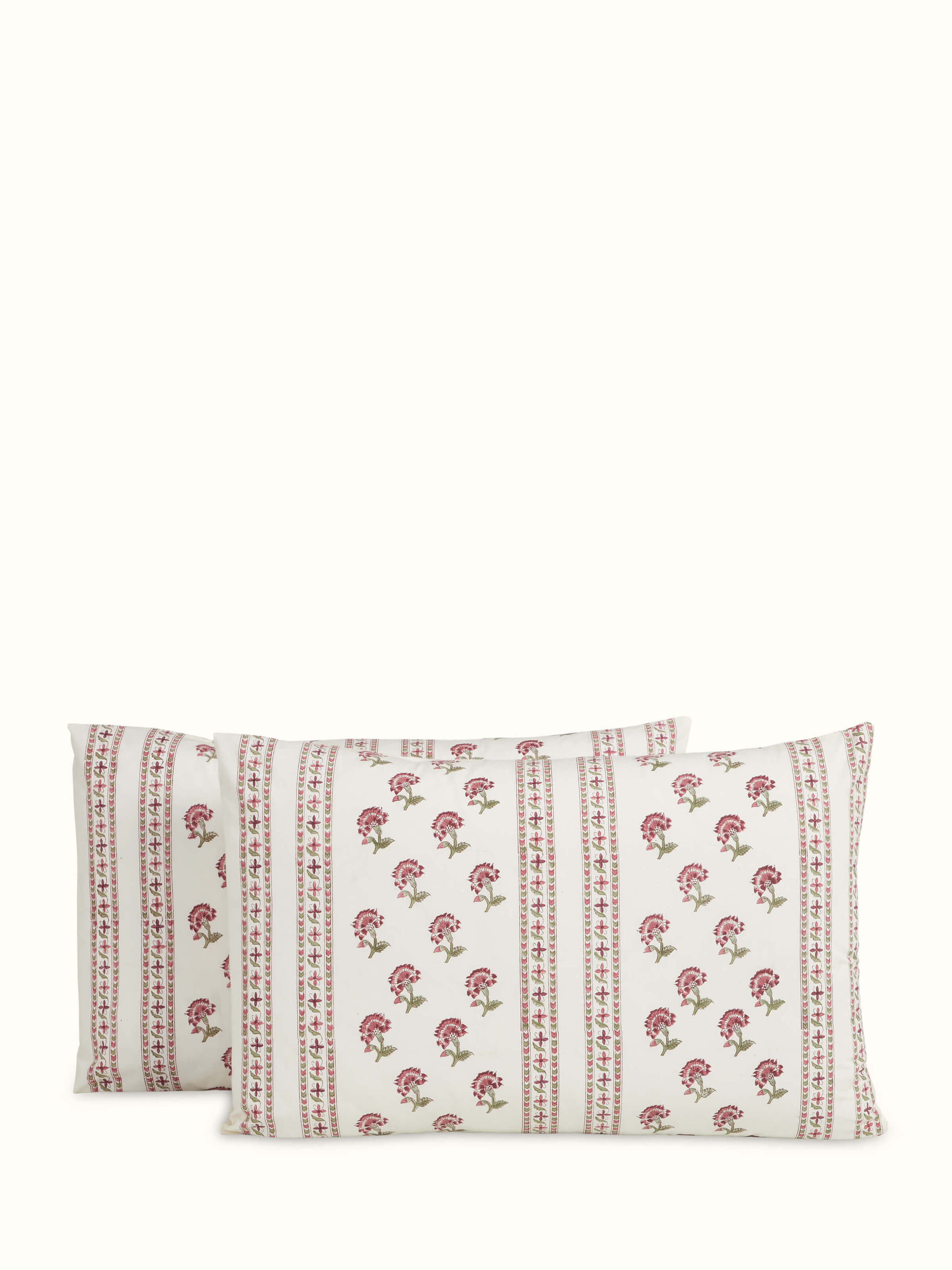 Aarunya Red Stripe Cotton Sanganeri Hand Block Print Pillow Cases (2 Pcs)