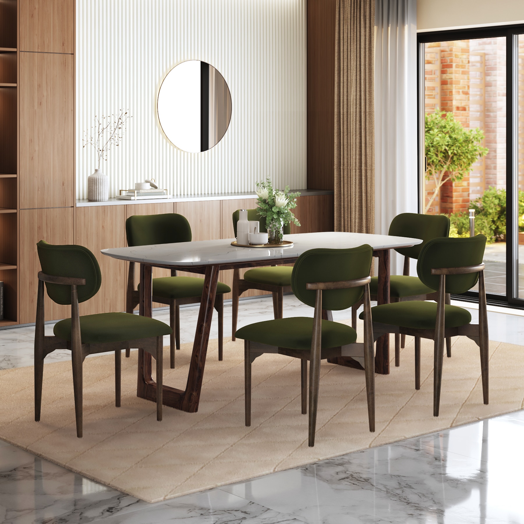 Adria Carrara White Quartz 6 Seater Dining Table With 6  Ollie Dining Chairs (Finish : Carrara White, Chair Colour : Deep Olive Velvet)