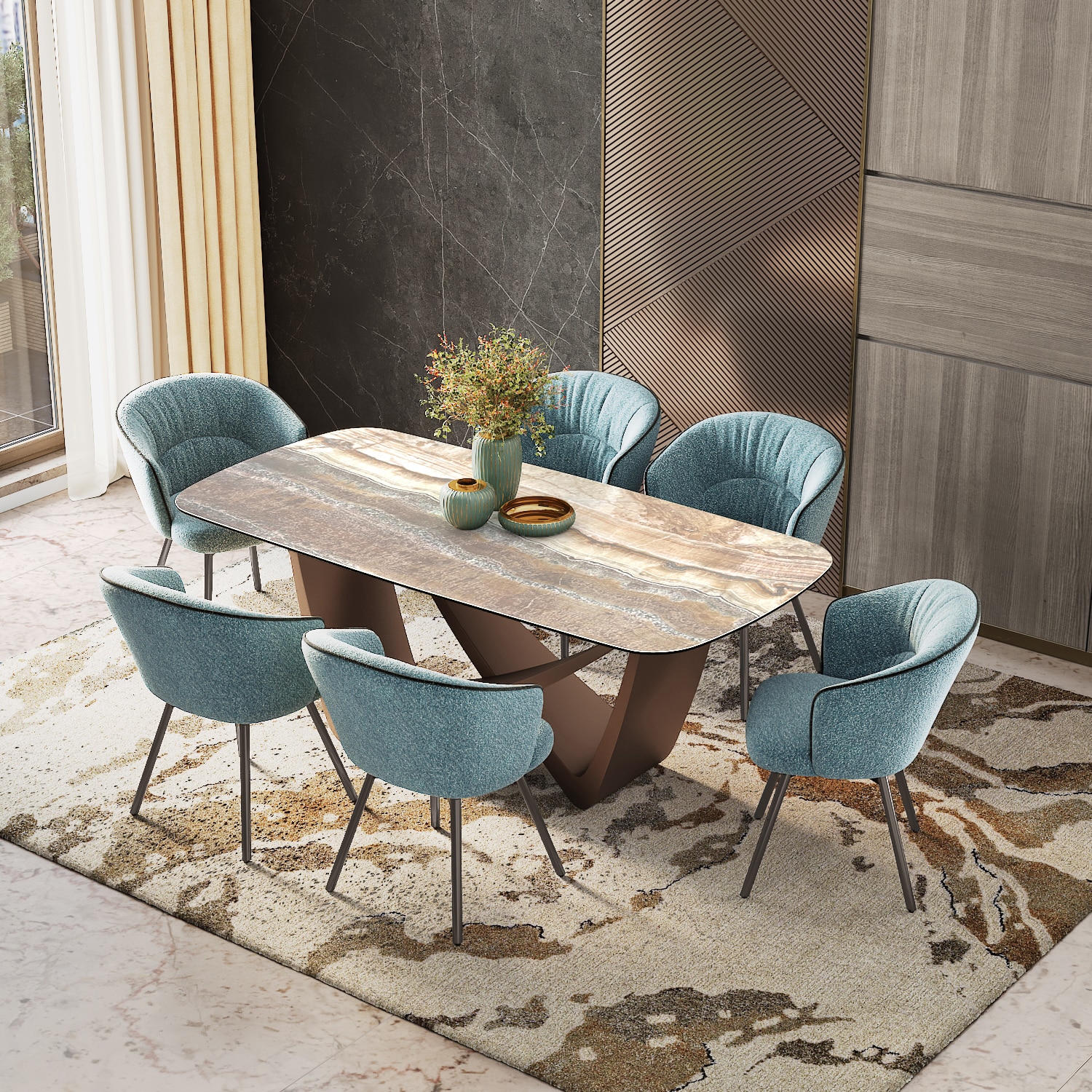 Paloma 6 Seater Jupiter Spanish Ceramic Dining Table With 6  Calix Dining Chairs (Finish : Jupiter Spanish Ceramic, Chair Colour : Powder Blue)