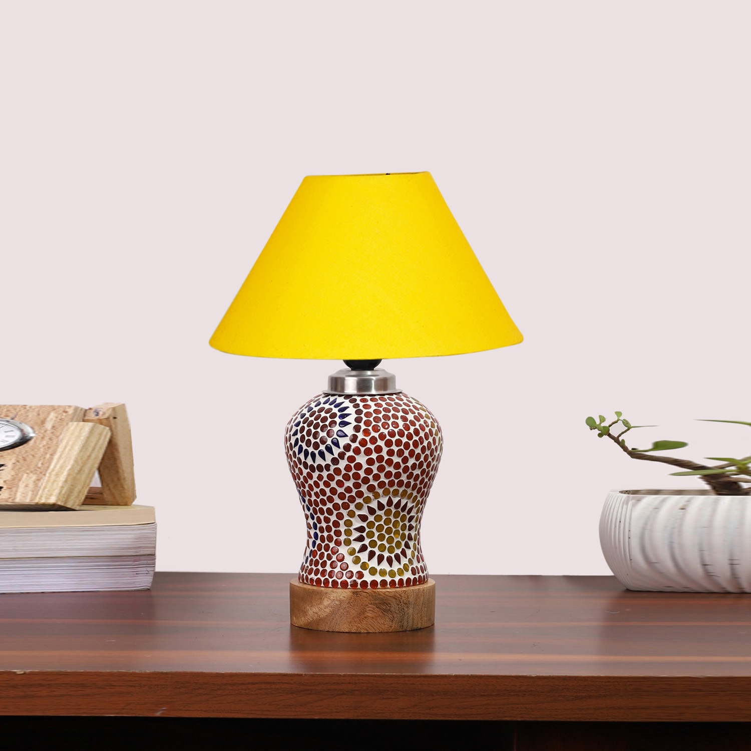 Devansh Conical Yellow Cotton Shade Lamp With Wood & Mosaic Glass Base For Decoration/Office/Home/Gifting/Study For Decoration/Office/Home/Gifting/Study -(10X10X14.5) Inches -A
