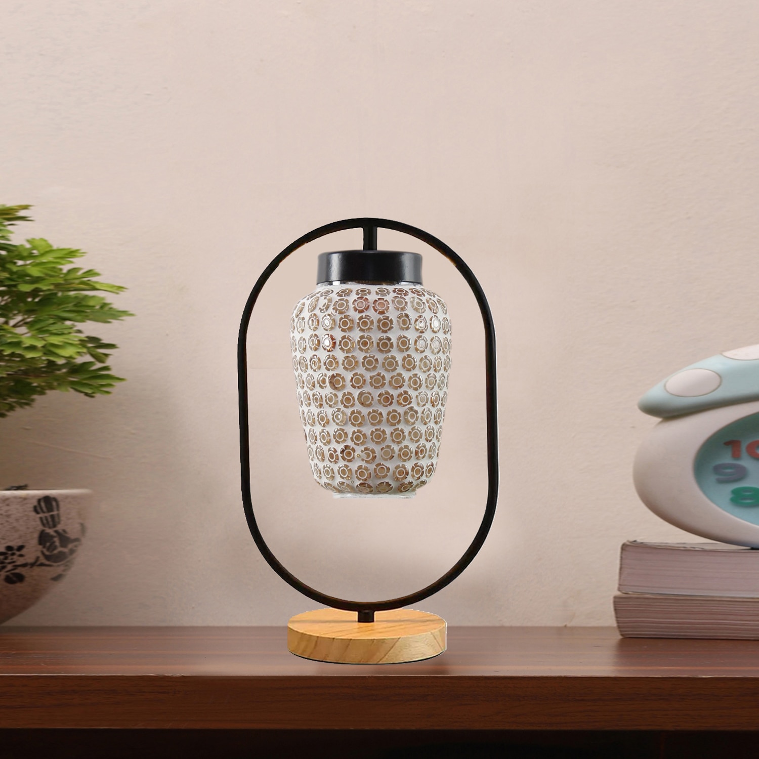 Devansh Multicolor Glass Wooden & Iron Table Lamp -17 Inch Height -U