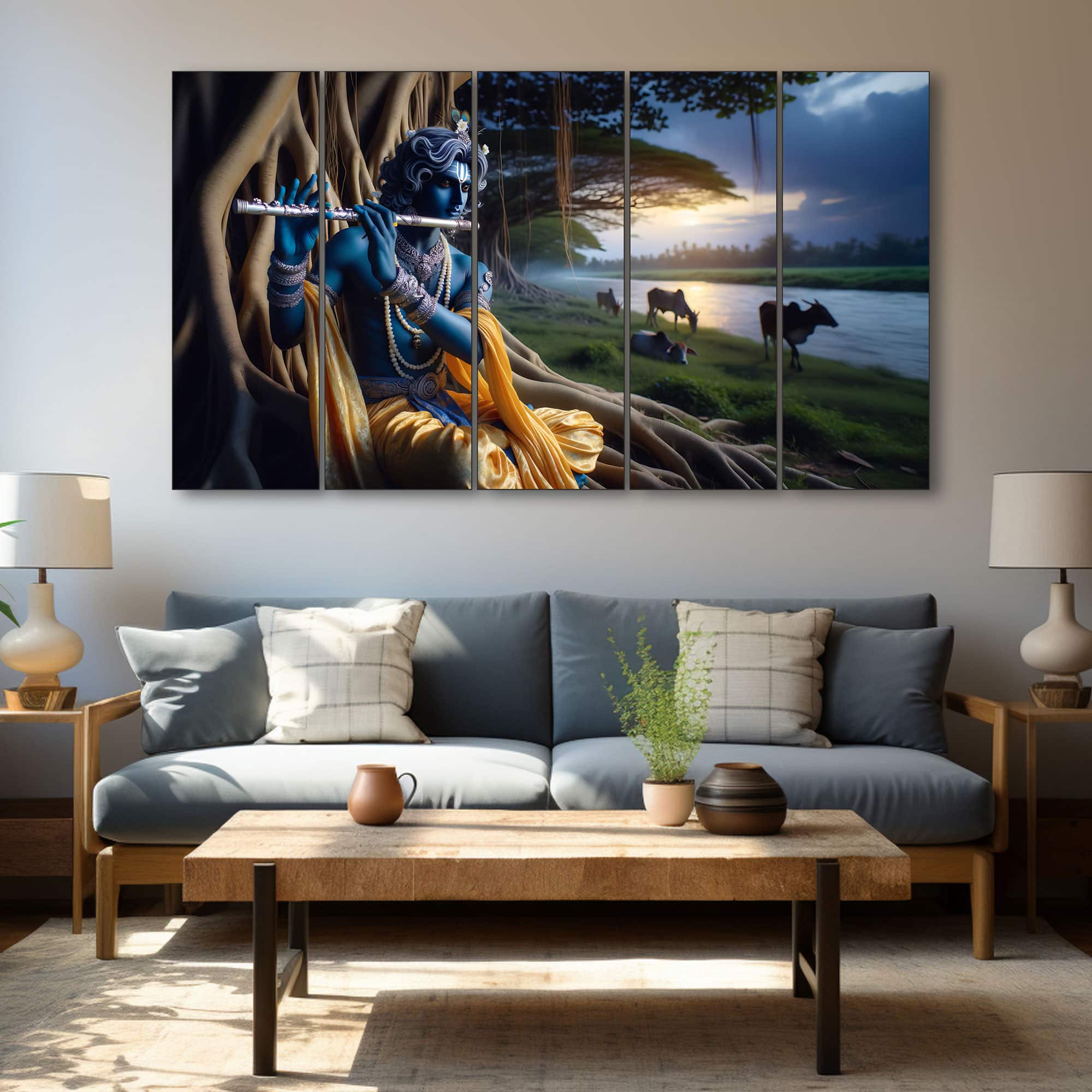The Castle Decor Krishna Ji Wall Painting Wooden Framed 27x48 Inch (Style 35) - The Castle Decor