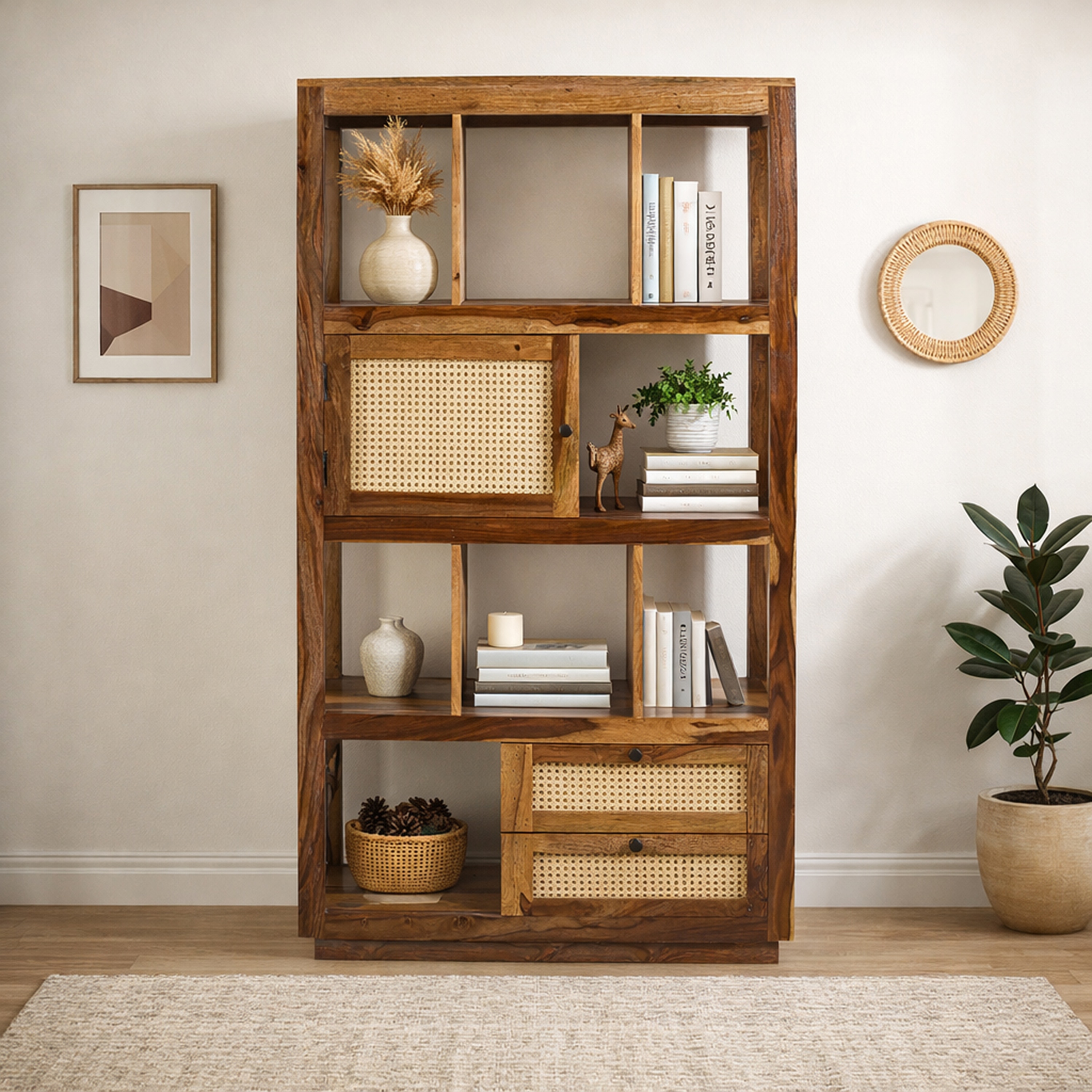 Dhruve Solid Wood  Bookshelf in Honey Oak Finish - Woodenmood