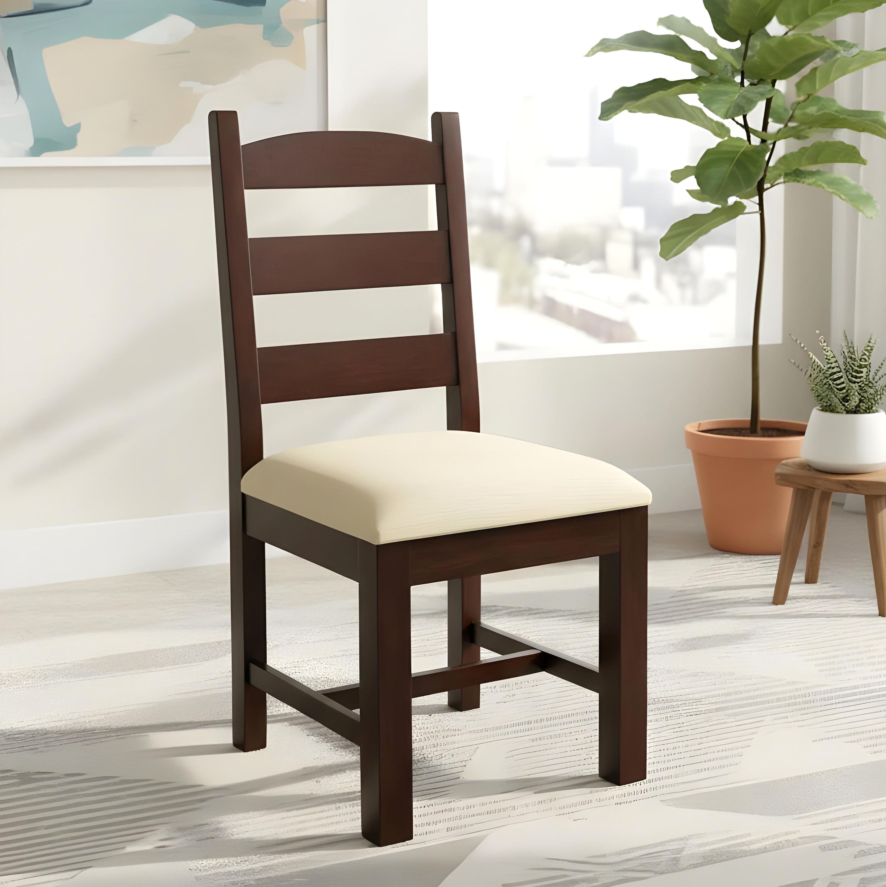 Newport Sheesham Wood   Dining Chair in Beige Mossy Fabric     DARK WALNUT FINISH