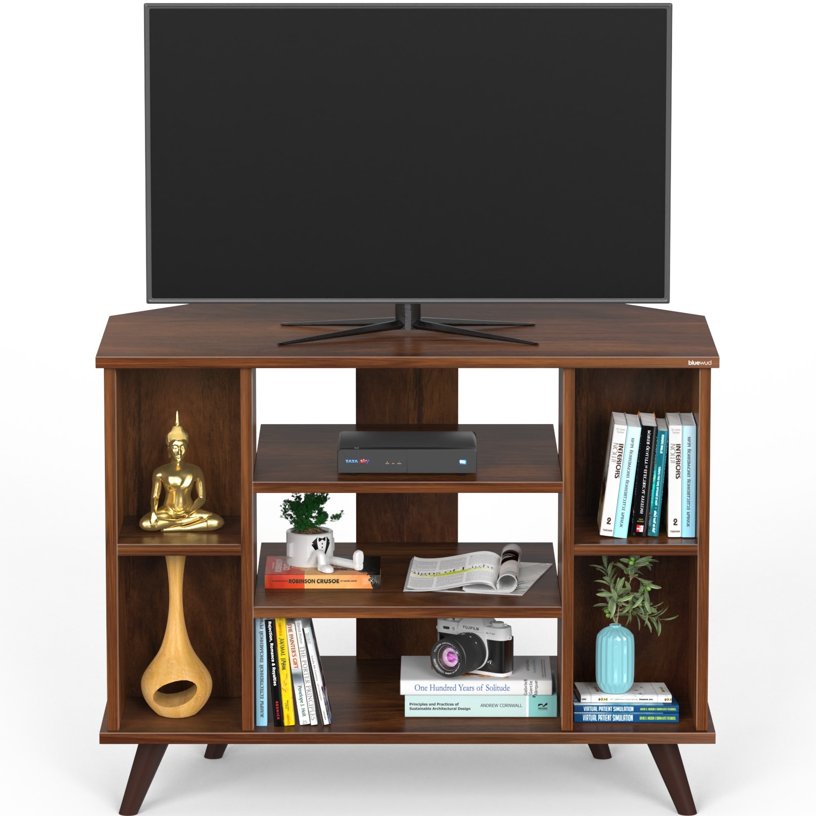 BLUEWUD Gautier Engineering Wood Floor Standing TV Entertainment Unit Set Top Box Stand/TV Cabinet Panel with Shelves for Books & D�cor Display Unit Bed Living Room Upto 42" (Brown Maple)