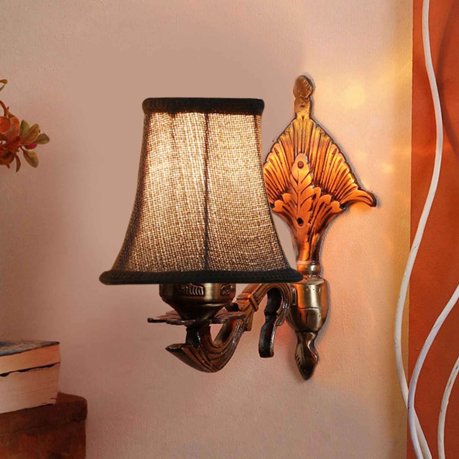 Devansh Gold Antique Wall Mounted Lamp With Beige Jute Shade
