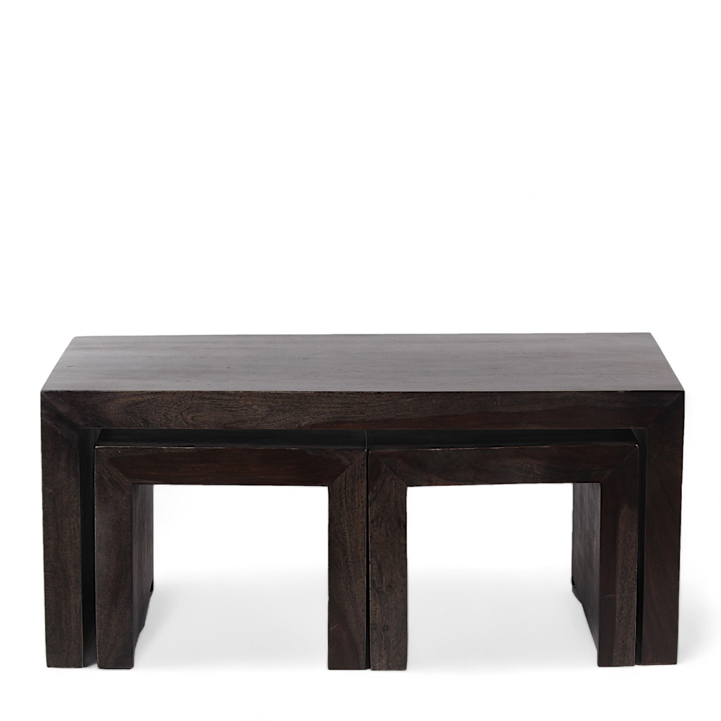 Kassel Sheesham Wood Coffee Table With 2 Stools Set In Mahogany Finish