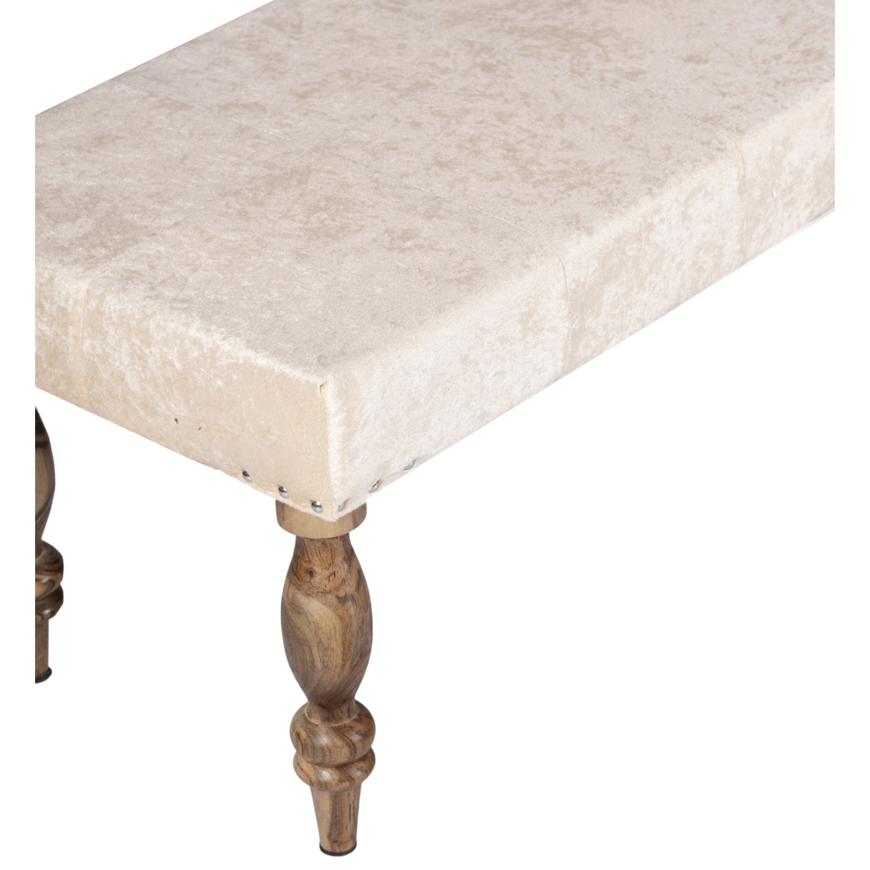 Cairo Sheesham Wood Accent 3+1+1 Seater Bench Set With 2 Stools In Beige Sparkle Velvet