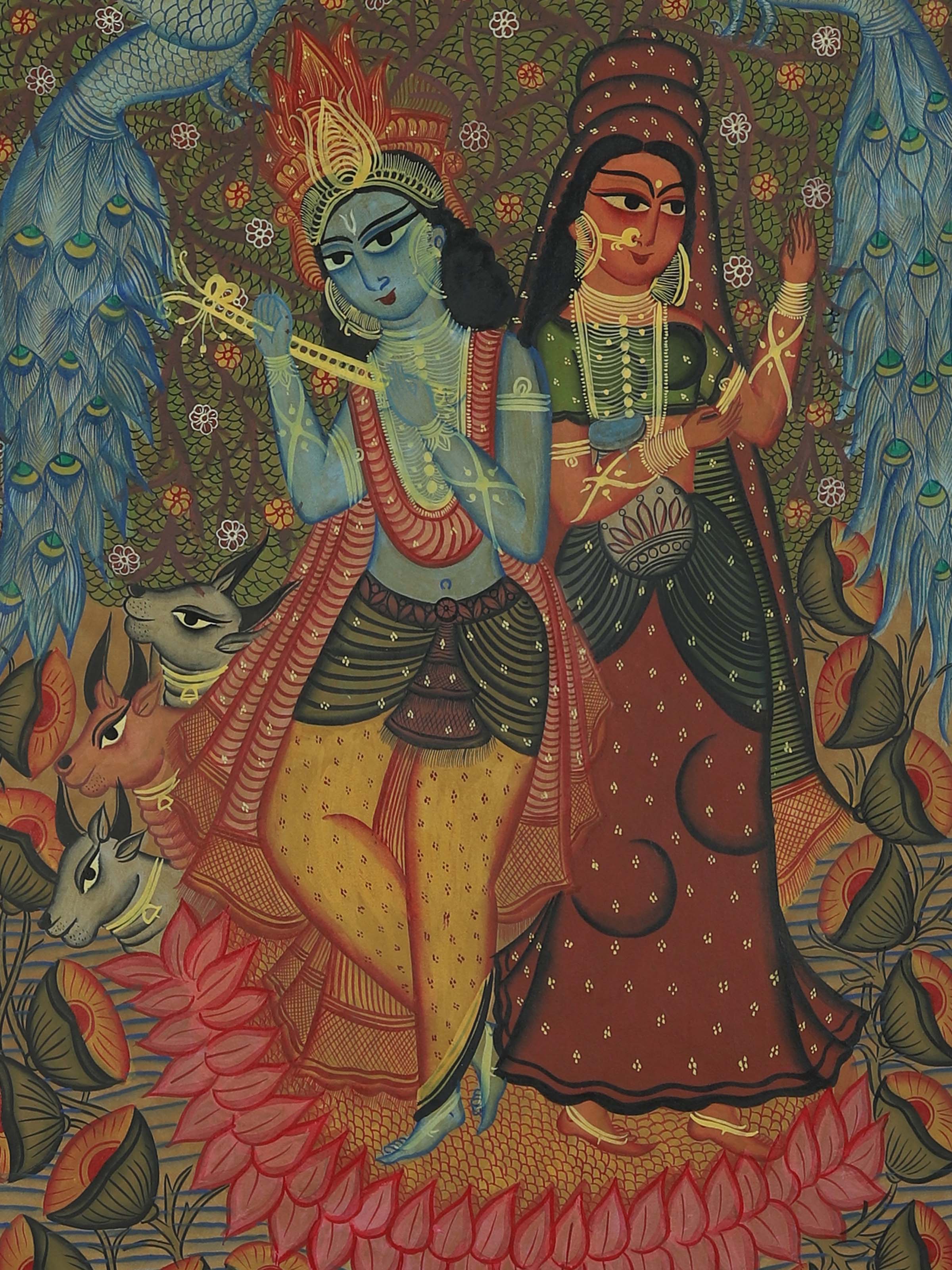 Side detail view of Radha Krishna Kalighat Painting
