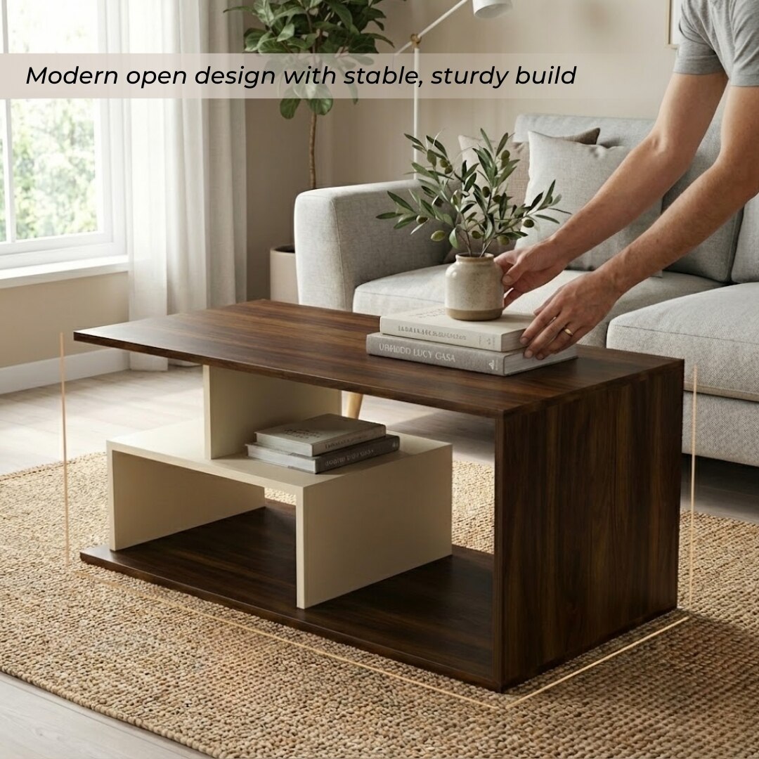 BLUEWUD Smohn Engineered Wood Coffee Center Sofa Tea/Teapoy Console Table for Sofa Set Living Room Home Hall (Brown Maple & Beige)