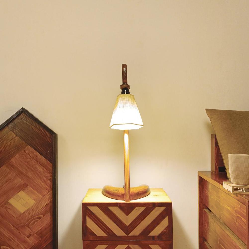 Druid Brown Wooden Table Lamp with White Jute Lampshade
