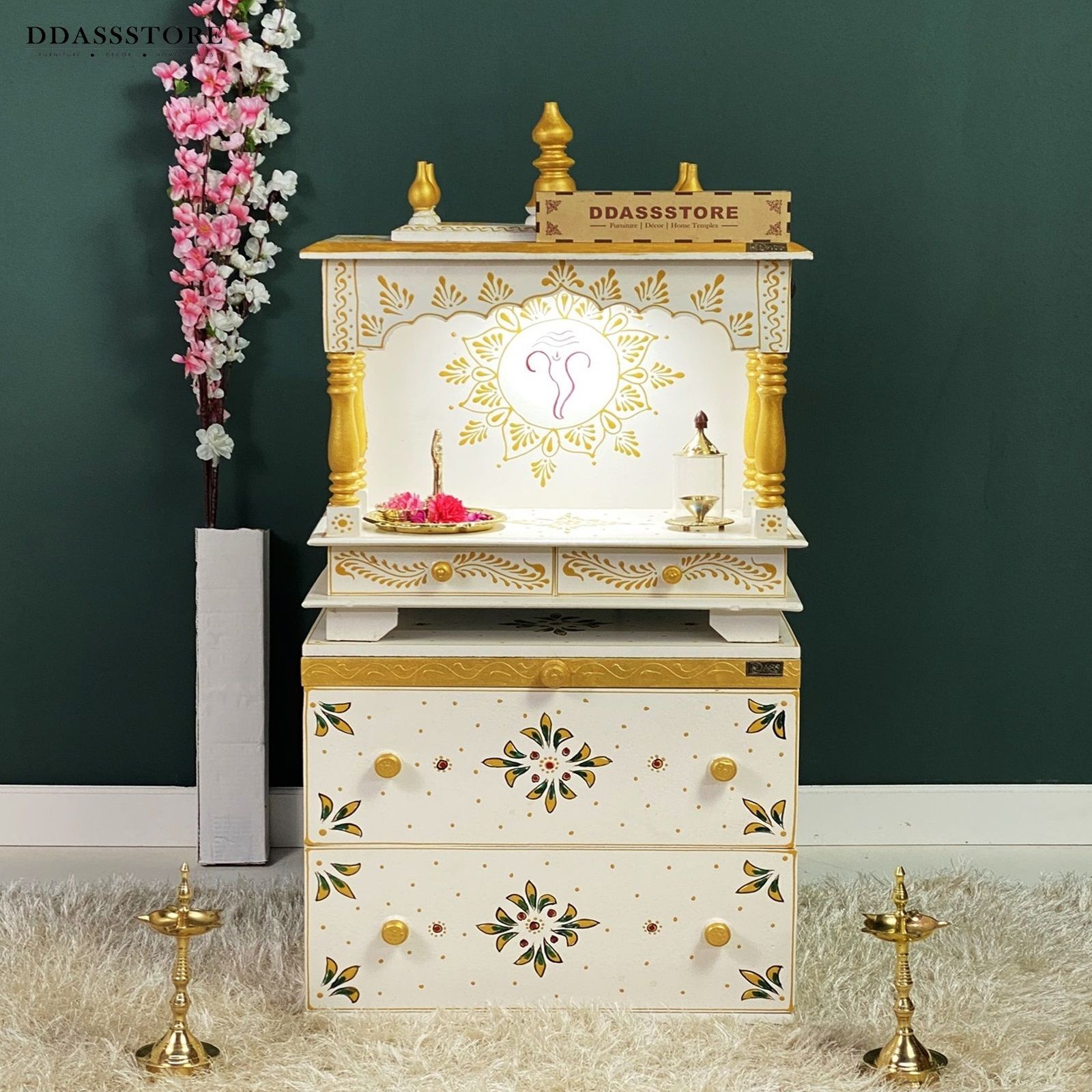 D'Dass Multi Color Mdf and Sheesham Wooden Temple With Cabinet For Pooja - D'DASS