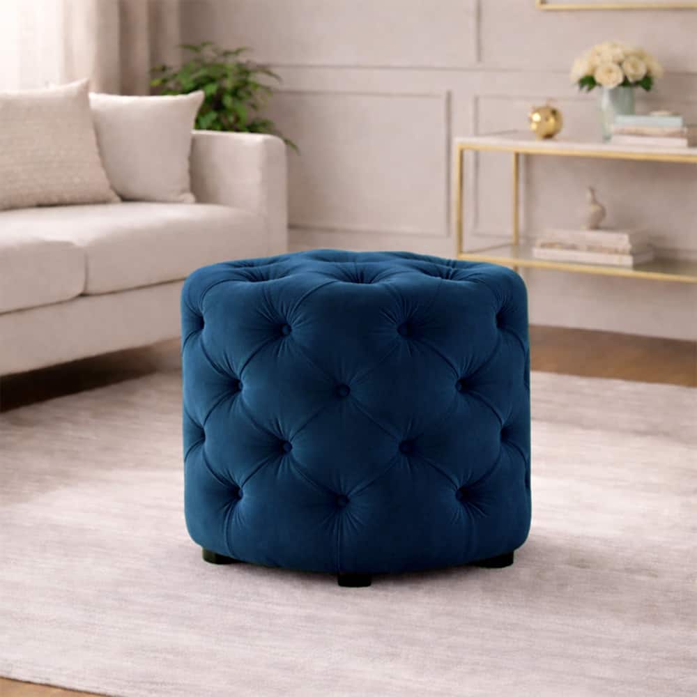 Doe Buck Briana Velvet Tufted Ottoman Cube in Blue Colour - Doe Buck