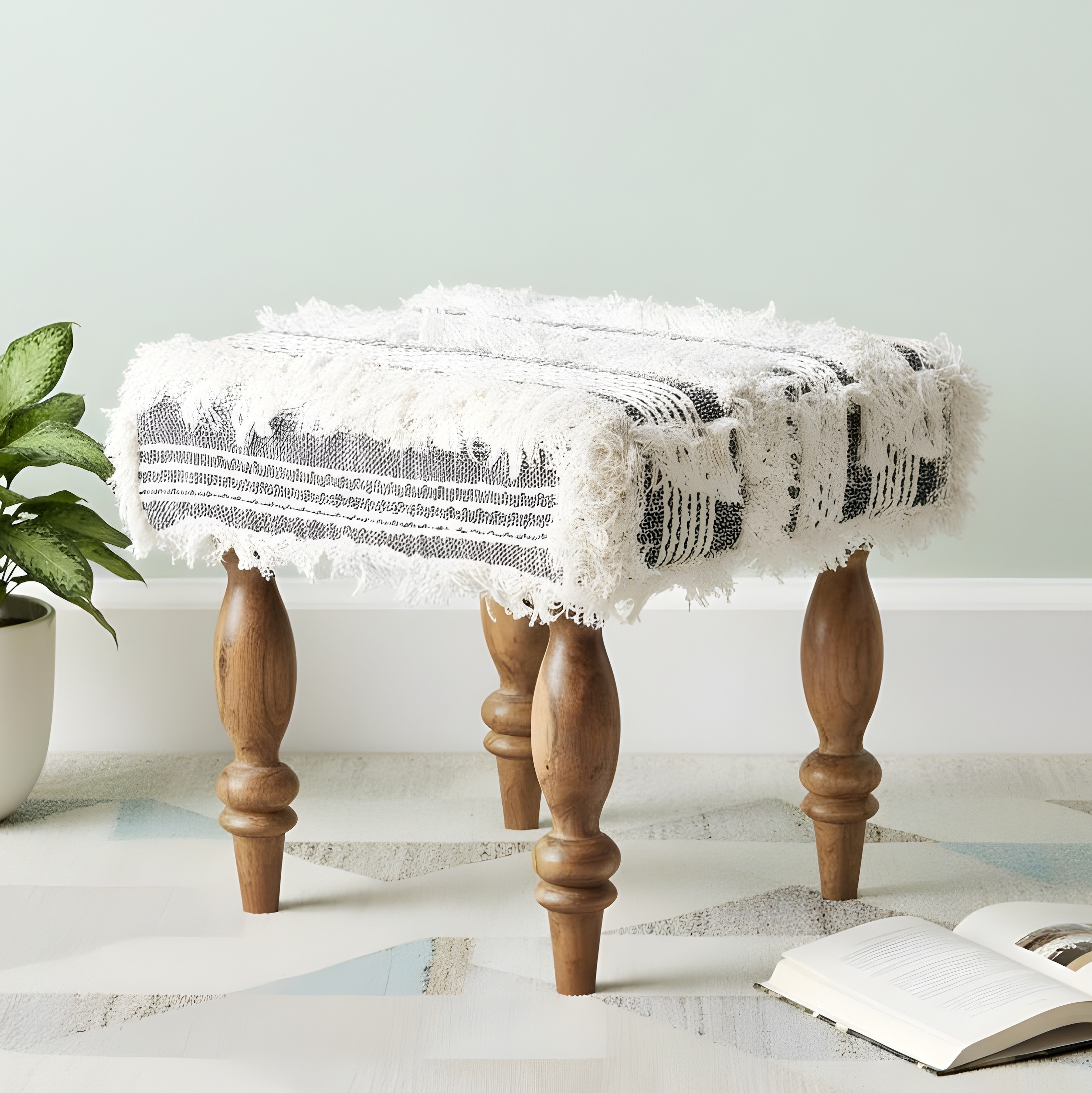 Lisbone Sheesham Wood Mid Century Square Stool in Grey Fabric   Fringes Upholstery - Ikiriya