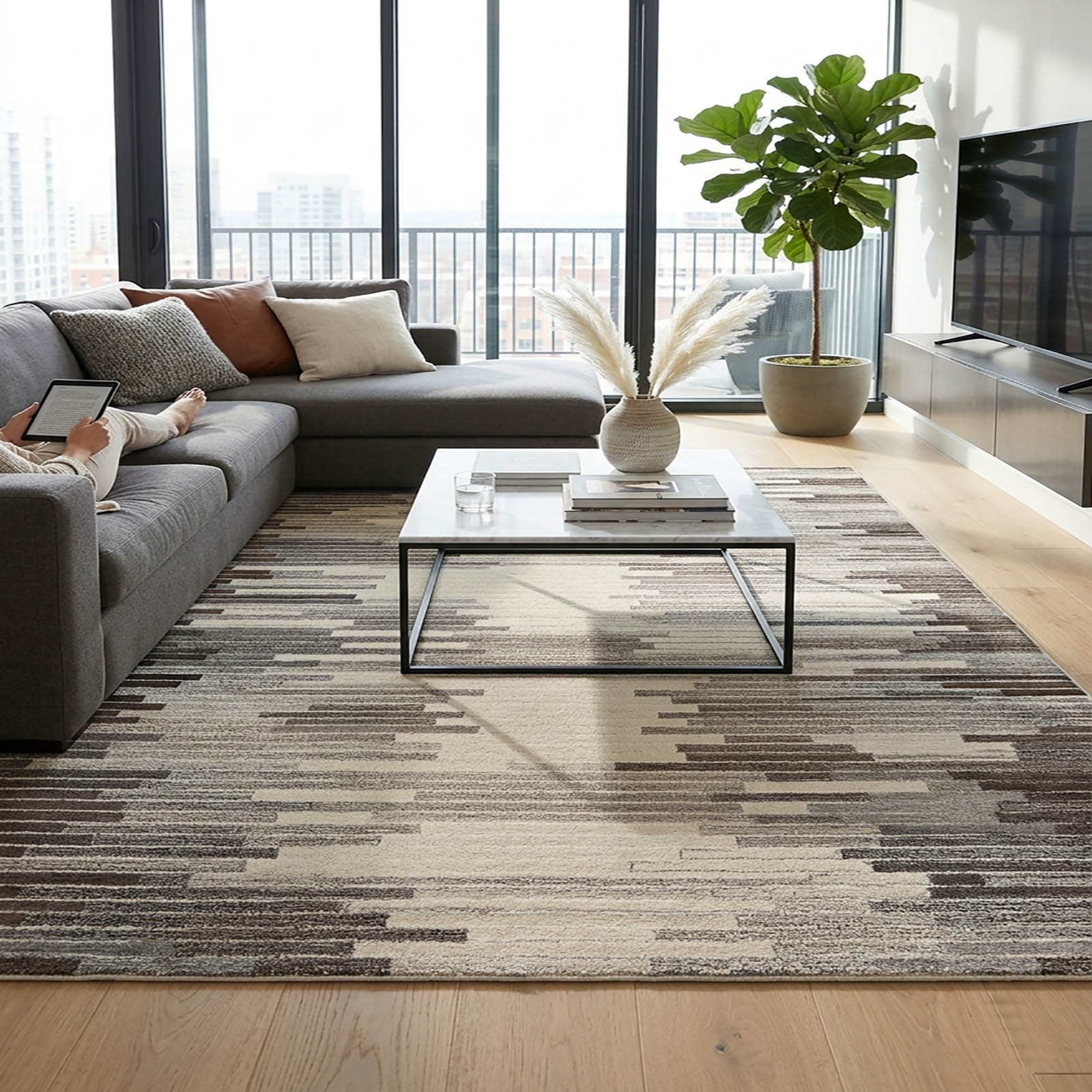 Modern Abstract Brick Area Rug Charcoal Brown Cream 63 x 91 - The Woven Legacy