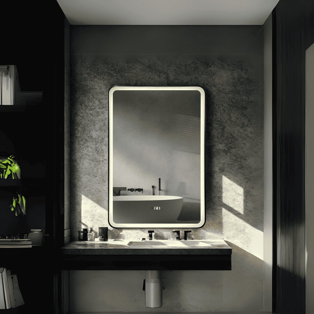 Modern Rectangular LED Mirror Black Stainless Steel Frame with Shelving