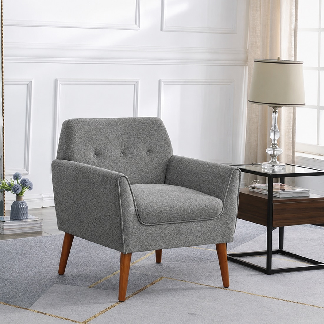 Thomas Boucle Fabric Arm Chair in Grey Colour - KURSIWALLAH