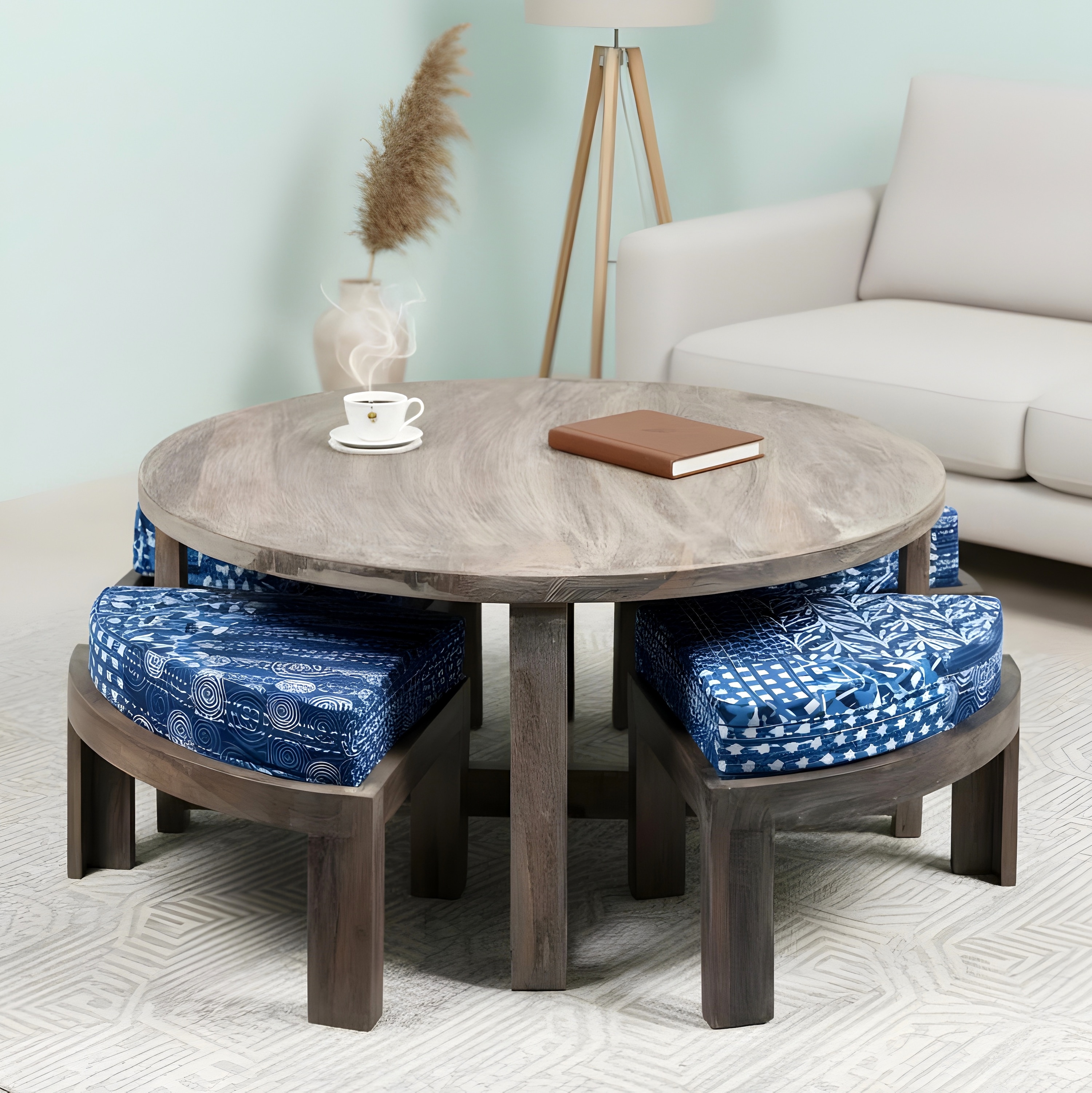 Nashville Sheesham Wood 4 Seater Coffee Table Set In Antique Grey Finish Indigo Patch Kantha Cushion