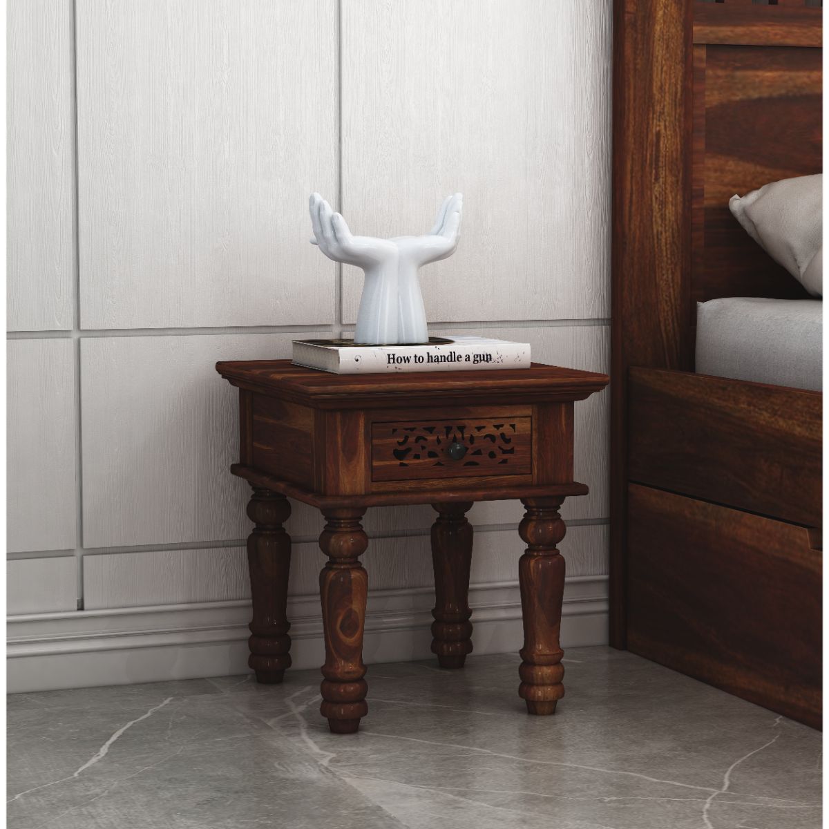 Anaisha Bedside Table Teak Finish - Vishwakarma Antique
