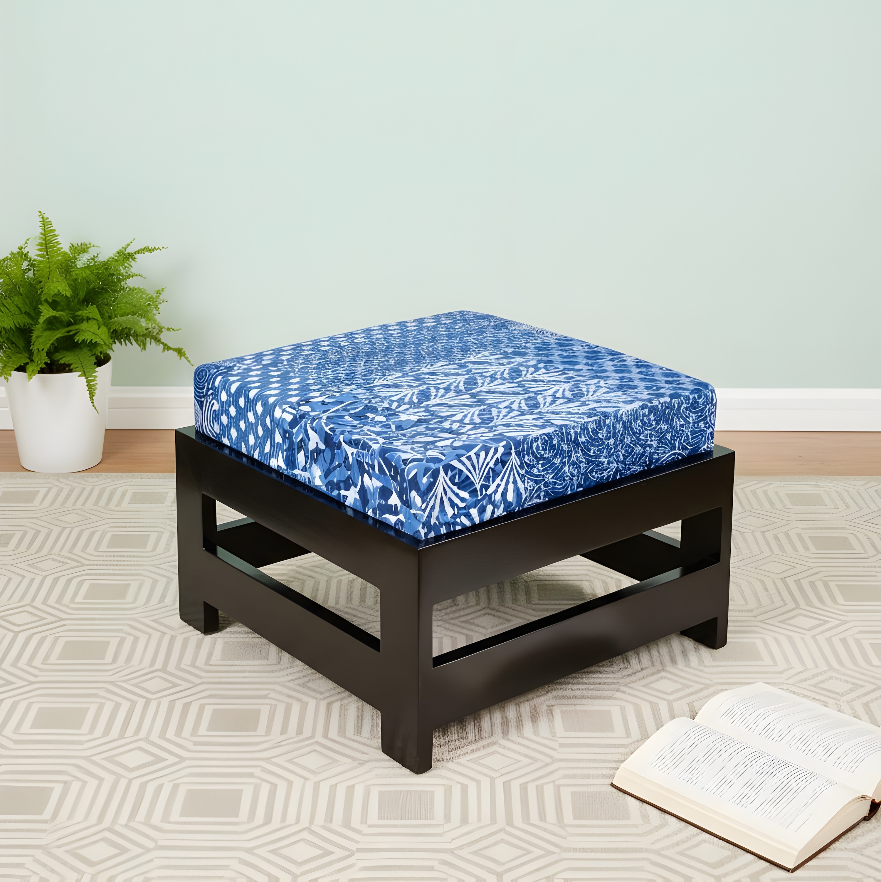 Kumkum Rosewood Foot Stool with Indigo Patch Kantha Cushion