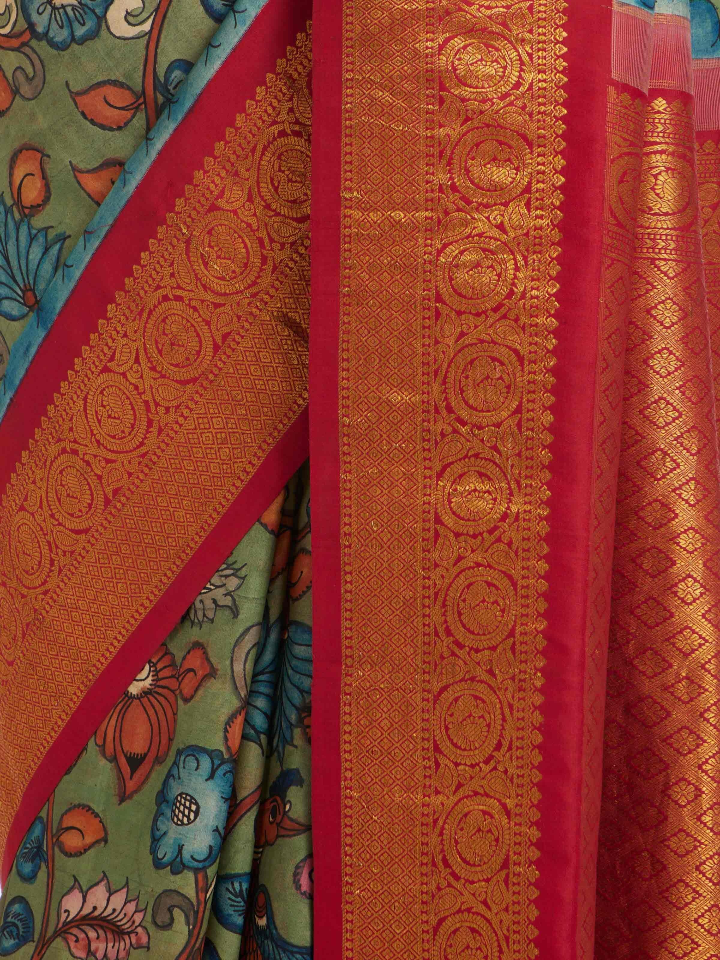 Blue Kalamkari Kancheepuram Silk Saree