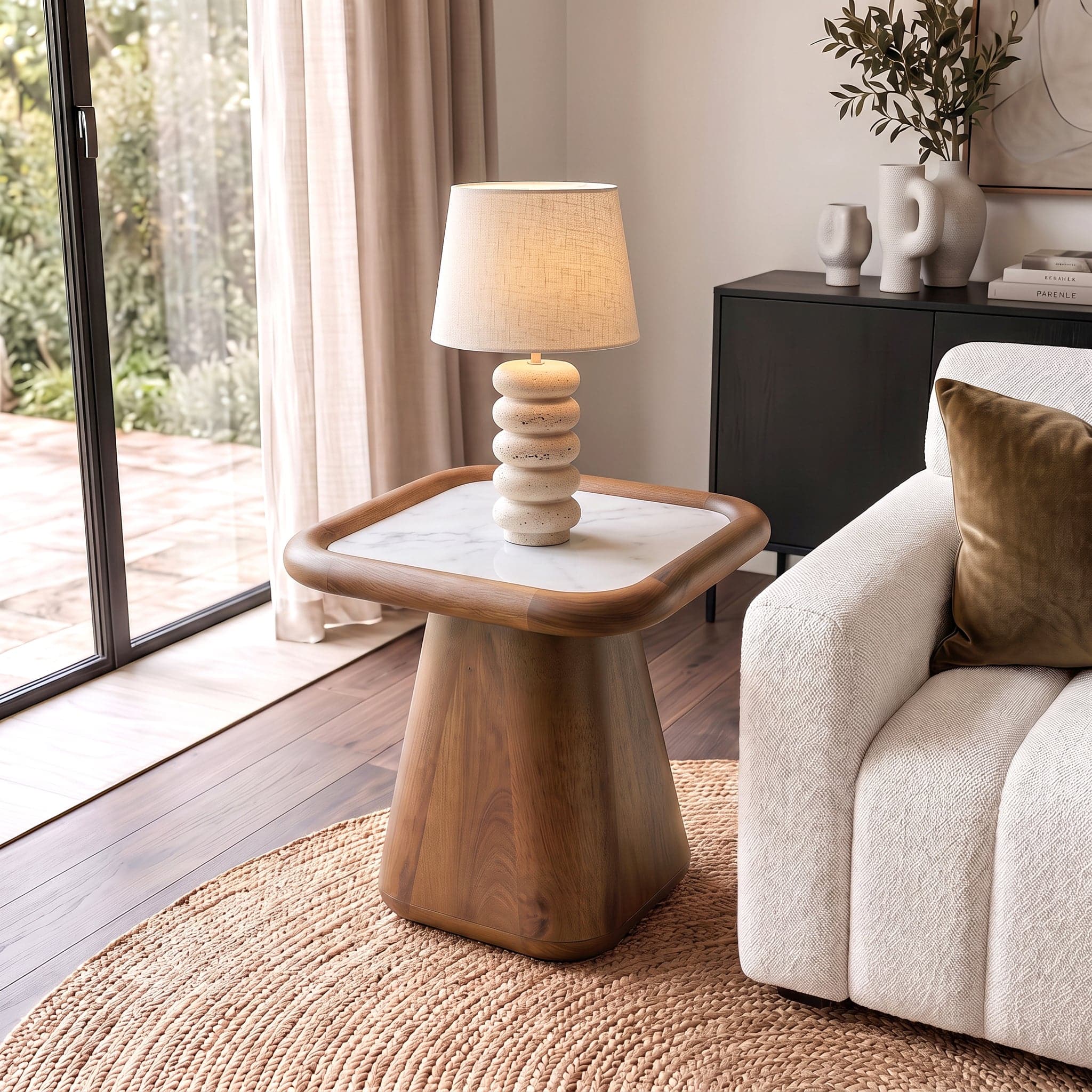 Lazo Solid Wood And Banswara Marble Side Table In Amber Walnut Finish - Urban Ladder