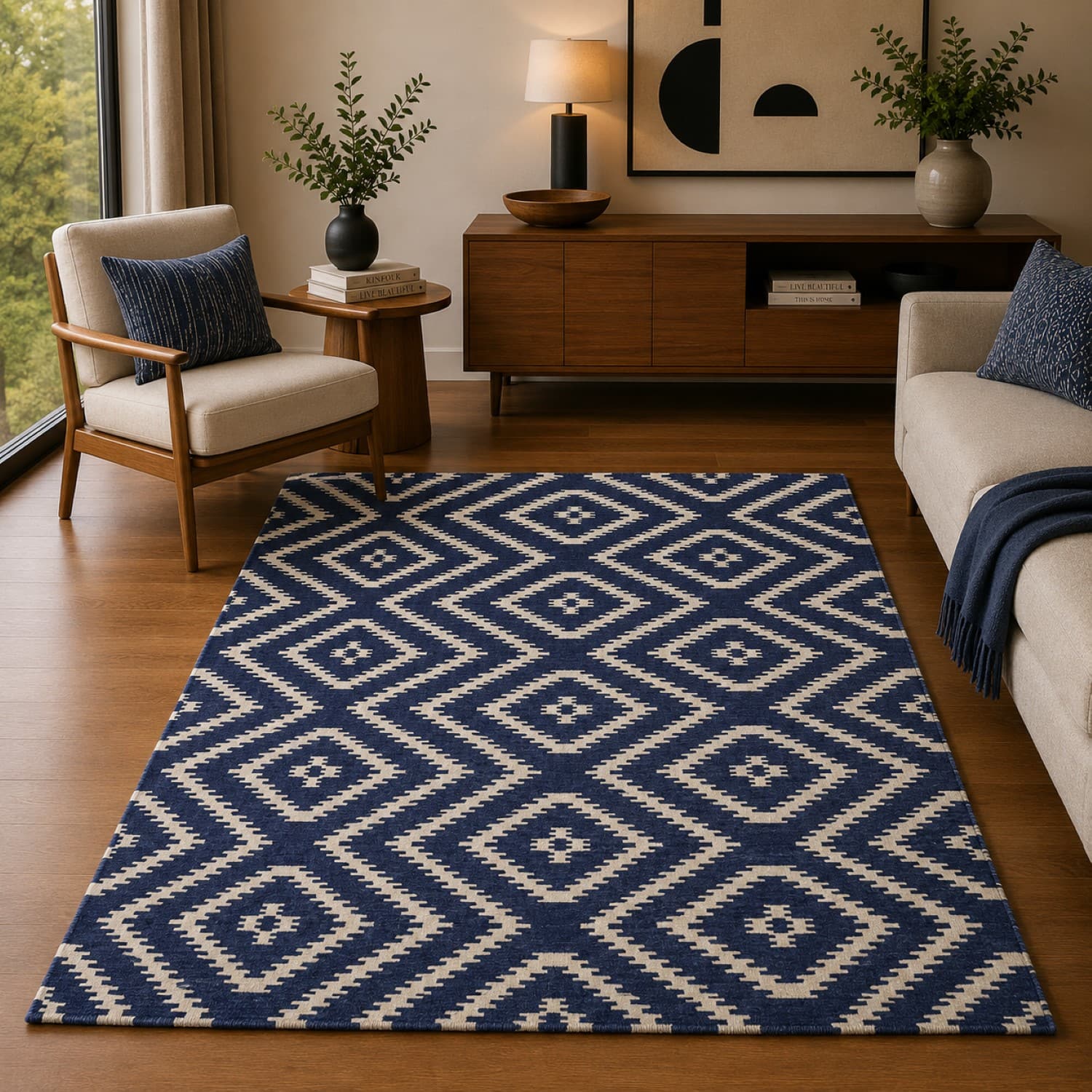 Imperial Knots Ivory Blue Kilim Hand Woven Dhurrie 4x6 Feet