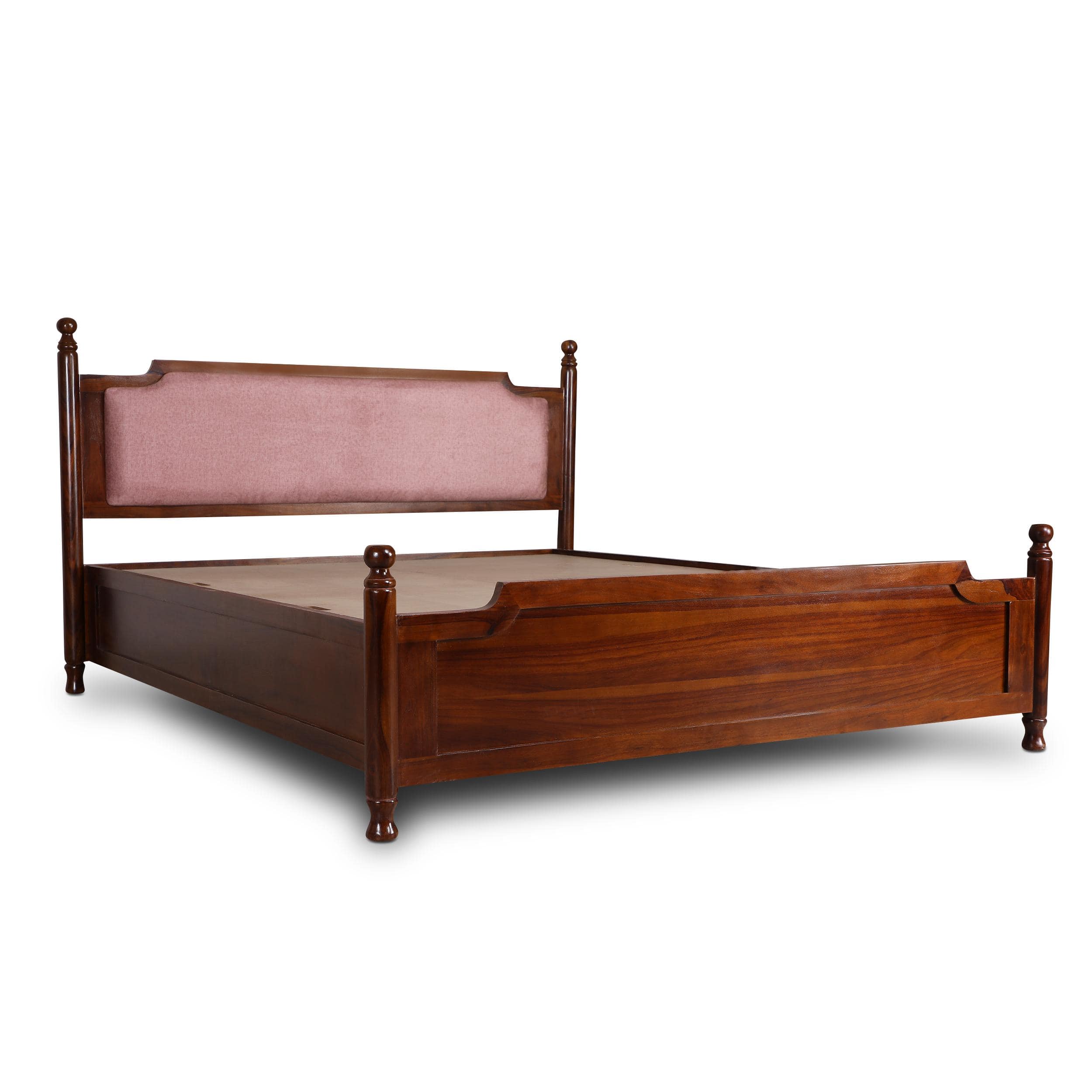 Camille Solid Wood Box Storage Queen Bed in Provincial Teak Finish with Pink Colour