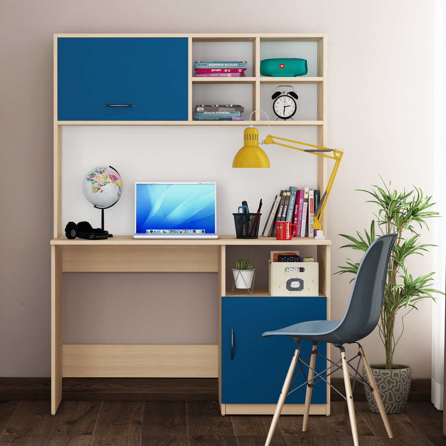 Passion Study Table Beige Teak Blue And Frosty White - Woodbuzz
